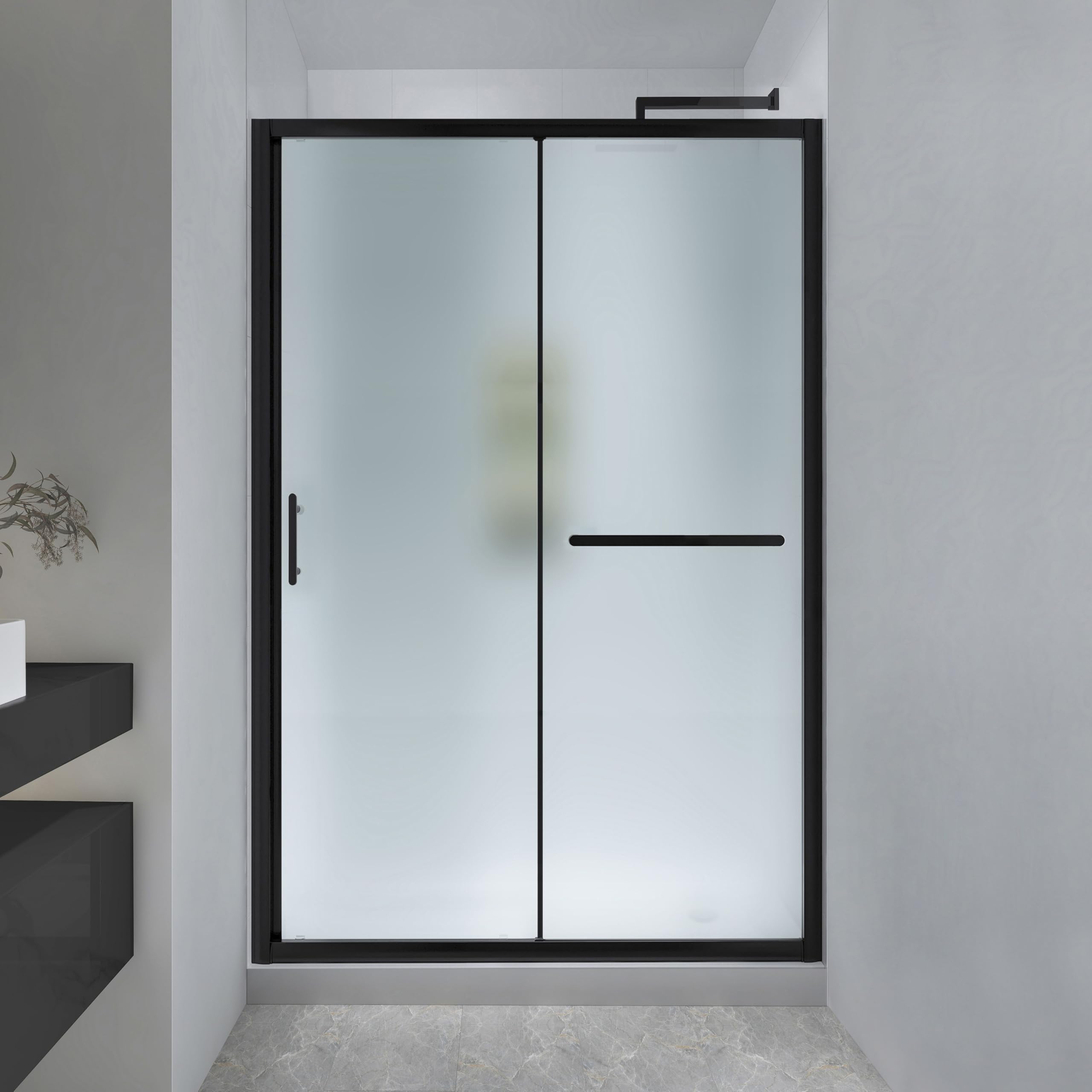 44-48" W x 72" H Framed Single Sliding Shower Door with 1/4" (6mm) Frosted SGCC Tempered Glass and Matte Black Finish Hardware, Reversible Installation Optional