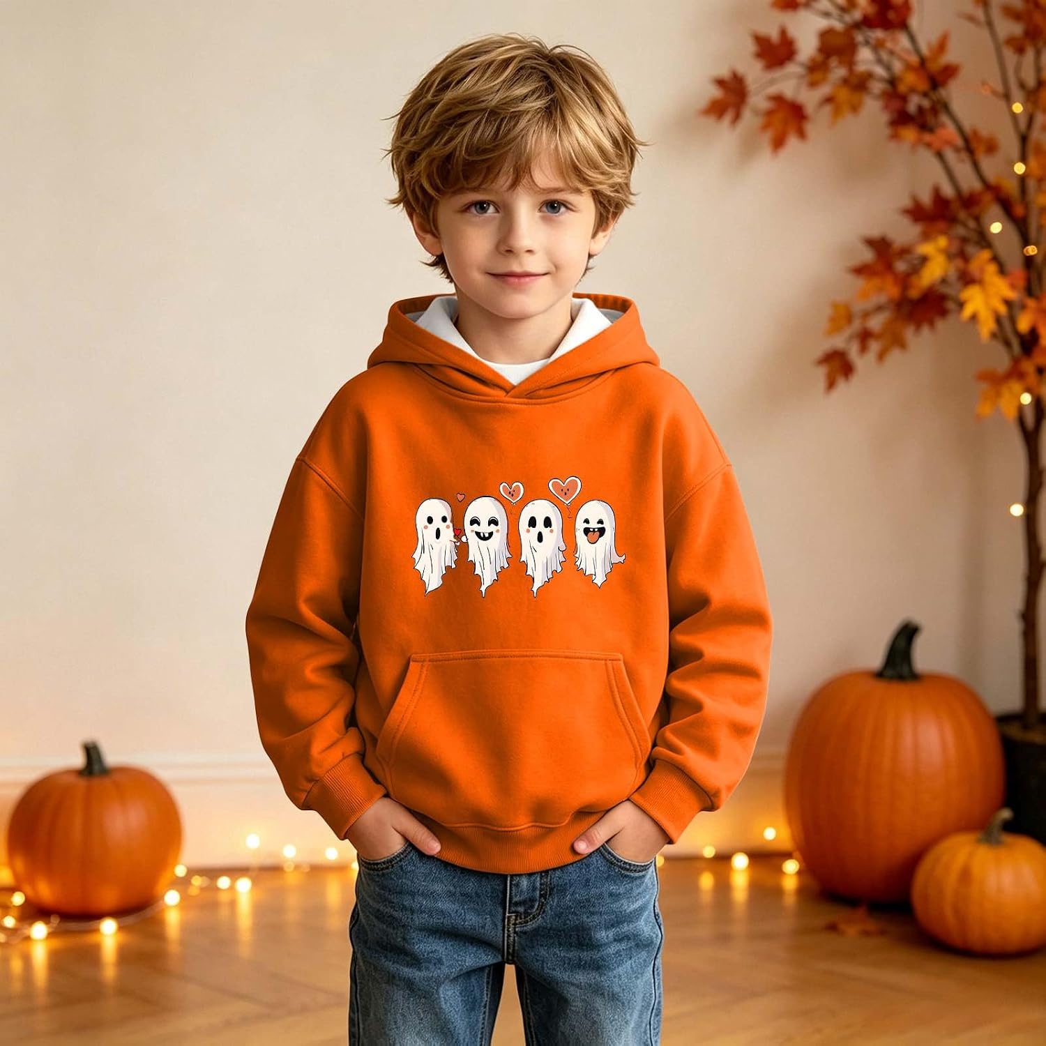 Girls Cute Ghost Friends Halloween Graphic Hoodie Pullover Top