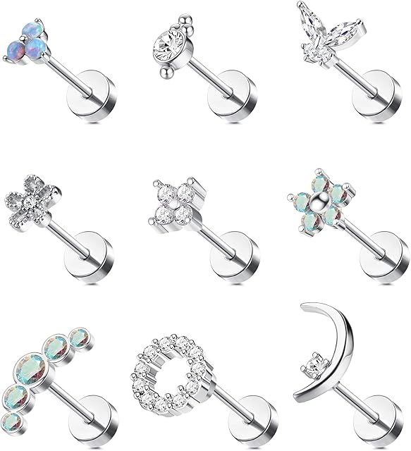 Morfetto 16G Cartilage Stud Earring for Women 316L Stainless Steel Screw Flat Back Earrings Butterfly Moon Flower Crawler Helix Tragus Daith Piercing Earrings Cute CZ Opal Cartilage Piercing Jewelry