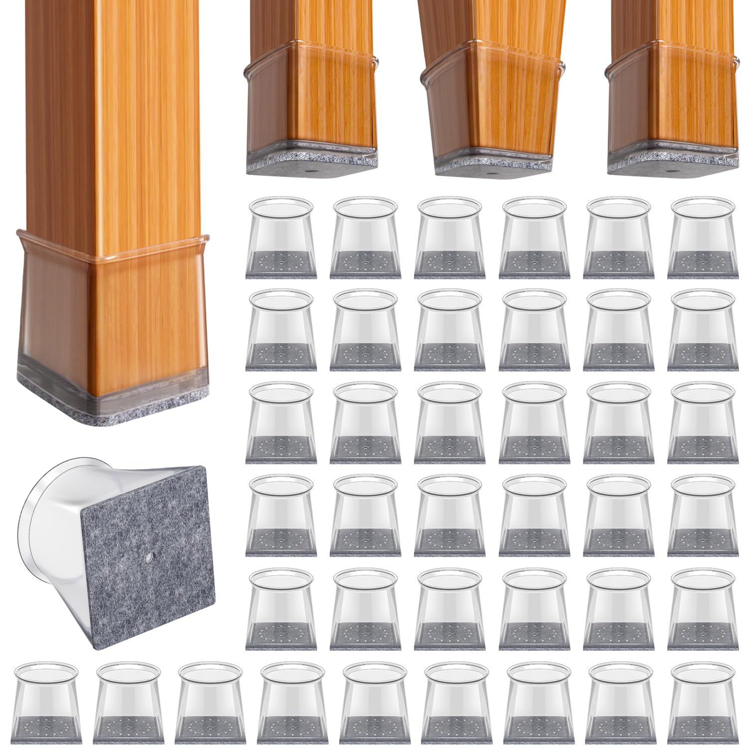 BUMACO Chair Leg Floor Protectors Square Chair Leg Protectors for Hardwood Floors Silicone Pads Covers to Protect Floors Clear-40 Pcs Square S Fit （3/