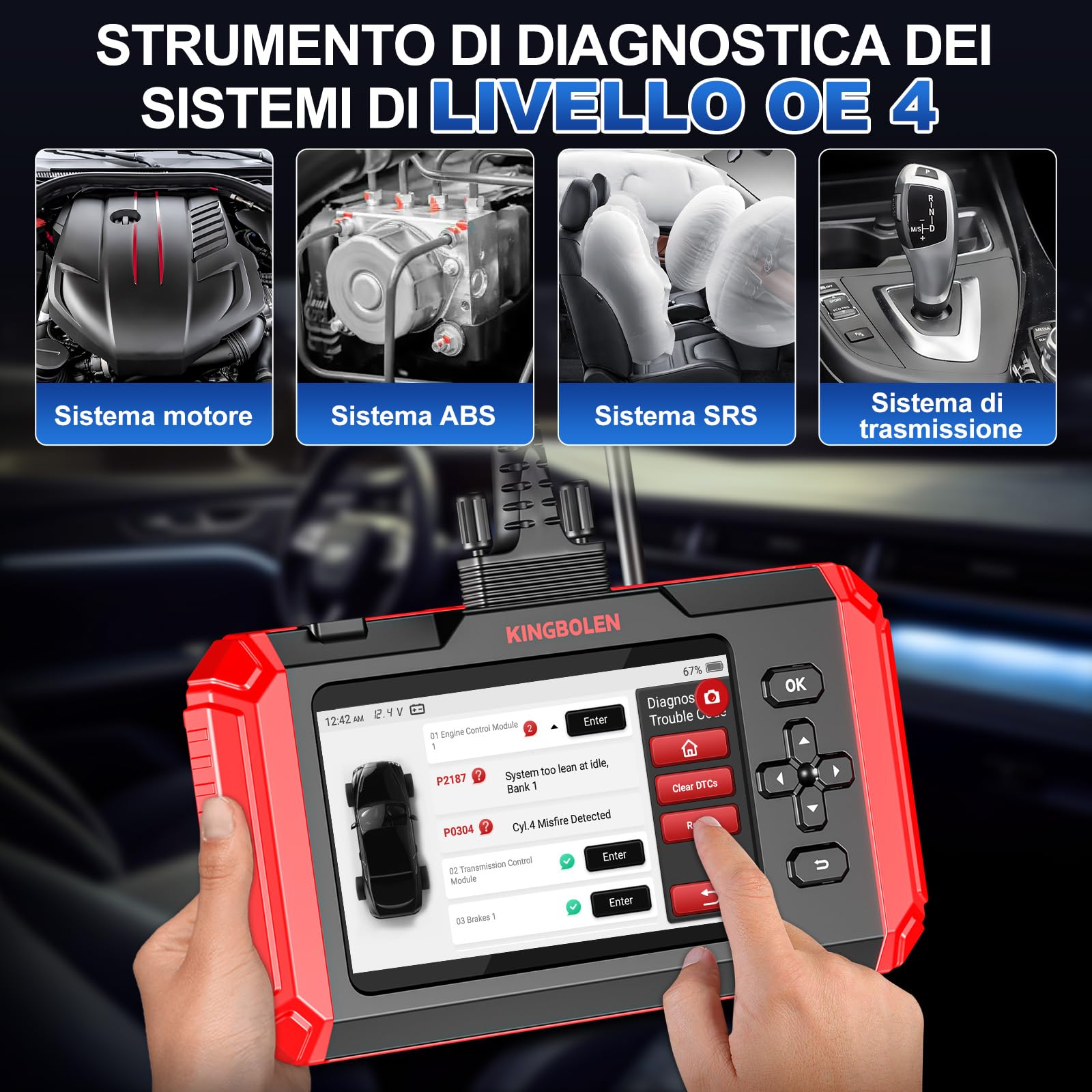 KINGBOLEN Diagnostica Auto Italiano,S800 OBDII Diagnosi Automatica 4 Sistema di diagnosi (ABS + SRS + ECM + TCM) e 15 Servizio di Manutenzione (Olio+Dpf Iniettore Codifica+BMS) Aggiornamento WiFi
