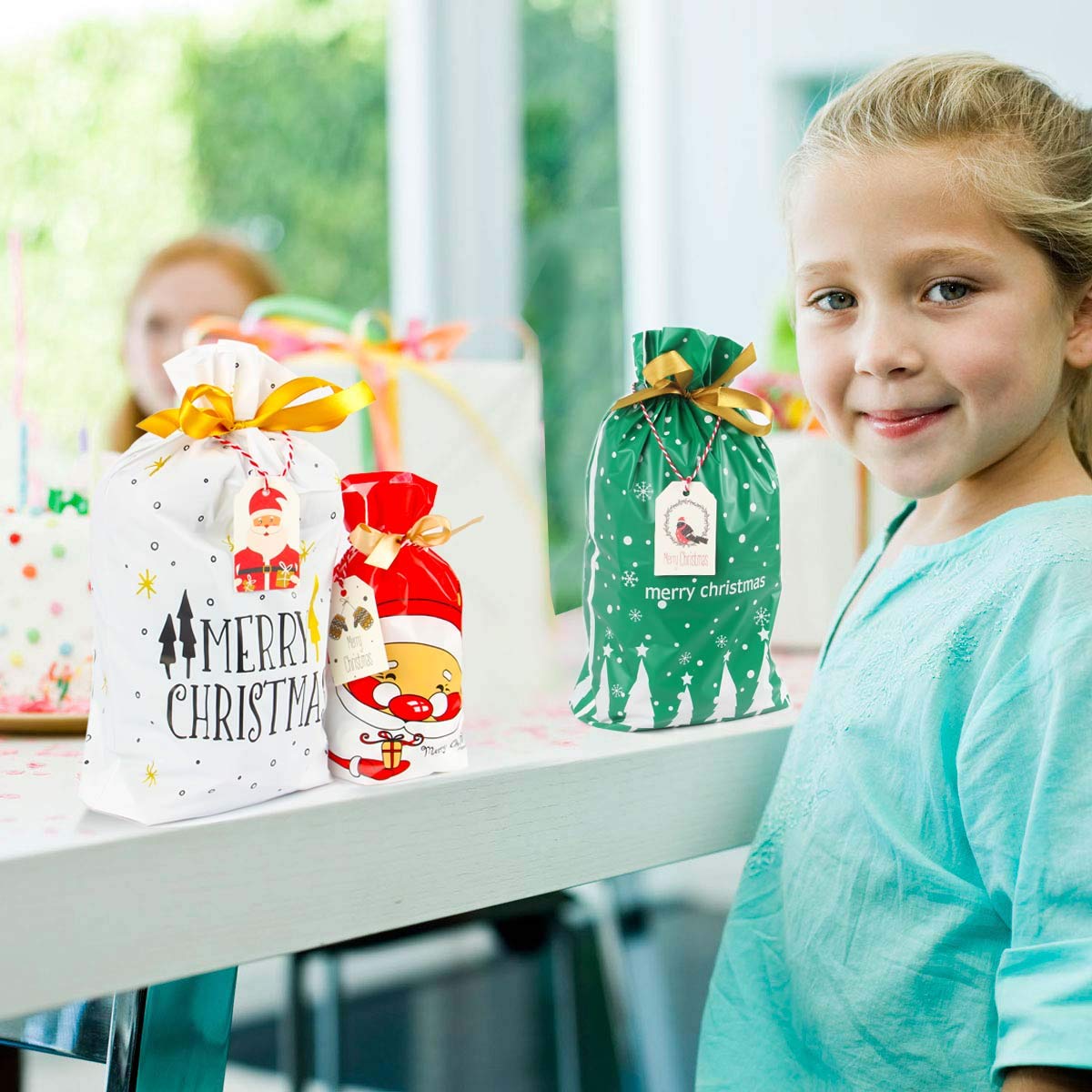 Sacchetti Regalo Di Natale Grandi Con Nastro: 2 Pezzi + 4 Fogli Di Carta Per Compleanni E Feste