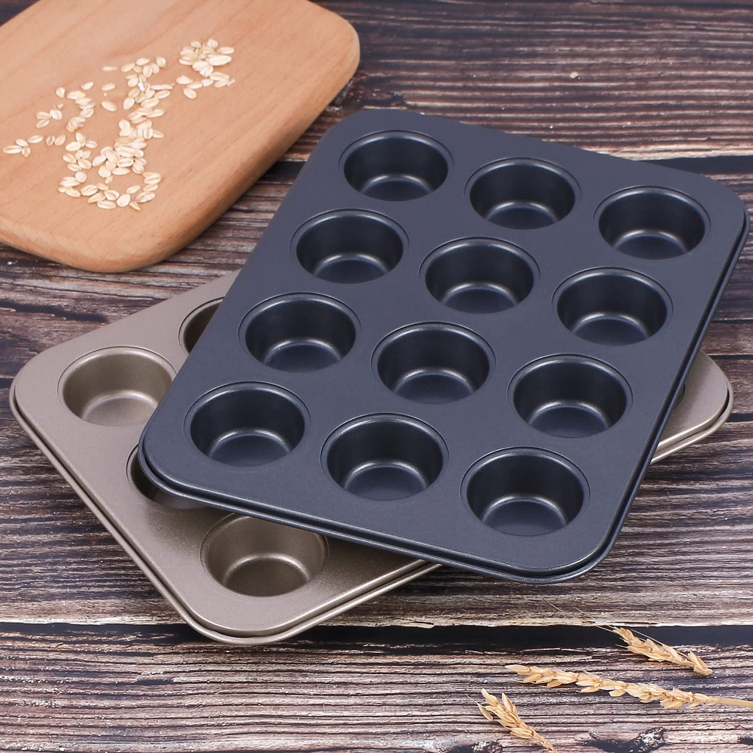 Naczynie do pieczenia, Zestaw 2 foremek do muffinek, małych foremek do pieczenia chleba i ciasta, z nieprzywierającą powłoką, okrągła forma(Gold)