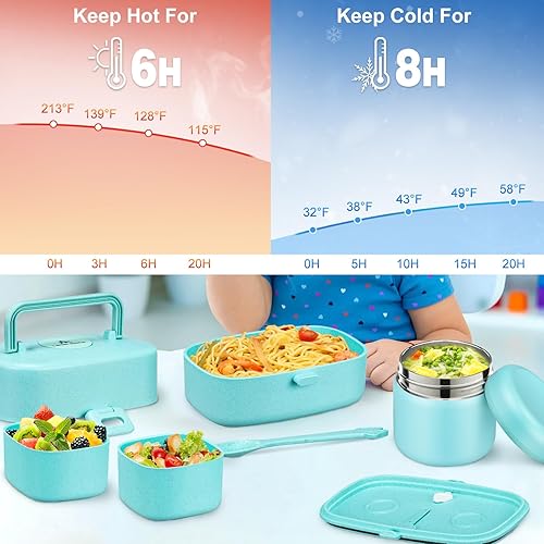 Miniatura 4 de Lonchera Bento con termo de sopa de 8 onzas para niños, recipientes de comida a prueba de fugas, 3 compartimentos con bolsa de almuerzo y tarro de