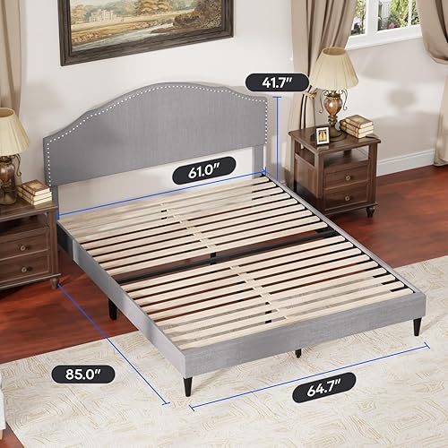 Miniatura 2 de PayLessHere Base de cama tapizada tamaño Queen totalmente tapizada con cabecera de tela, listones de madera, no necesita somier, diseño