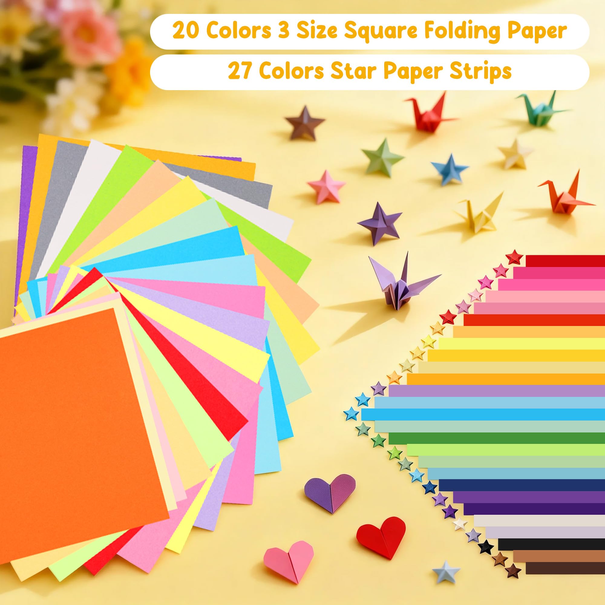 Juego de 840 Hojas de Papel Origami, 20 Colores, Doble Cara, 10/15/20 cm + Tiras, Manualidades