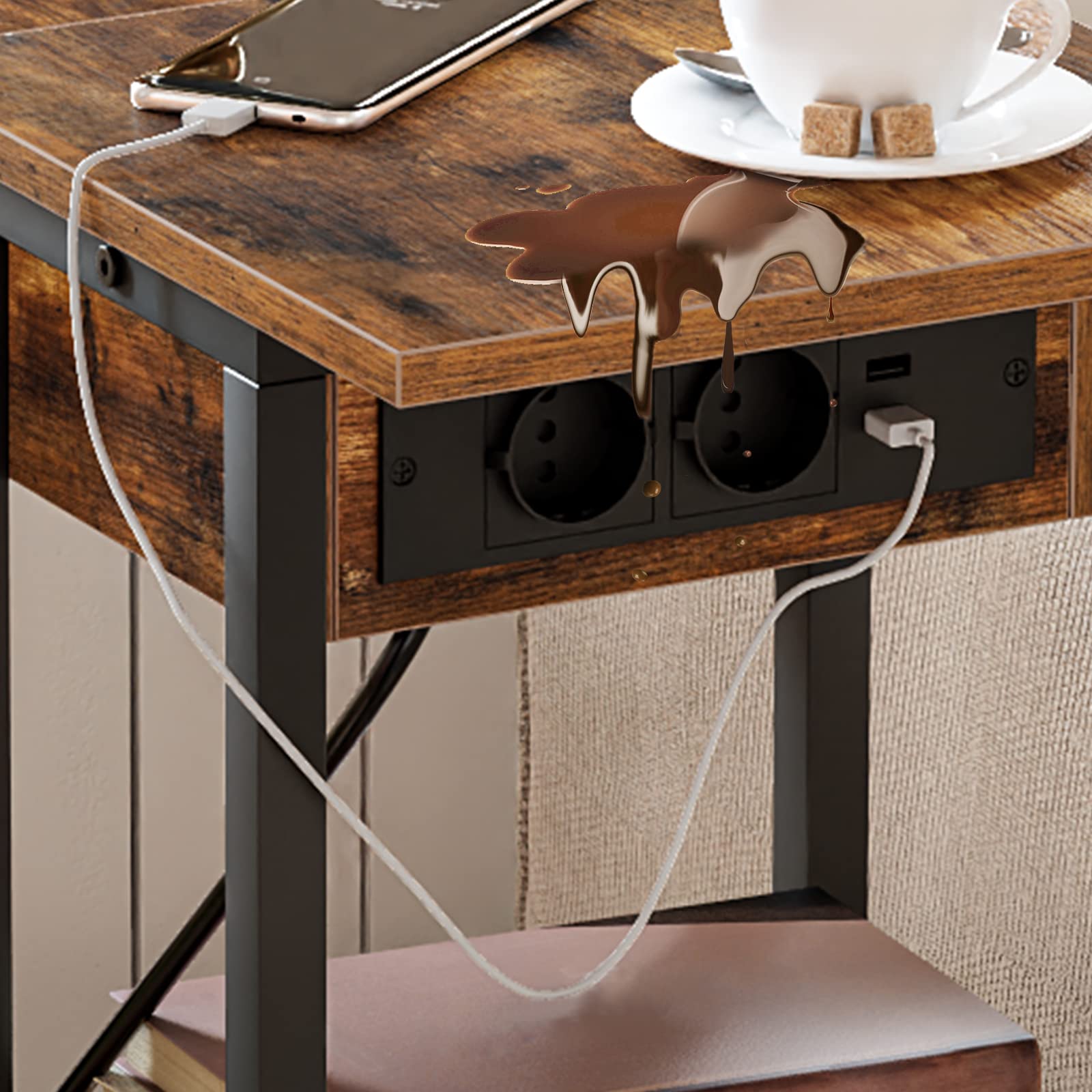HOOBRO Table d'Appoint avec Station de Charge, Table Basse Pliante en Forme de C avec roulettes et Étagère de Rangement, Ports USB et Prises de Courant, pour Salon, Marron Rustique EBF022SF01G1