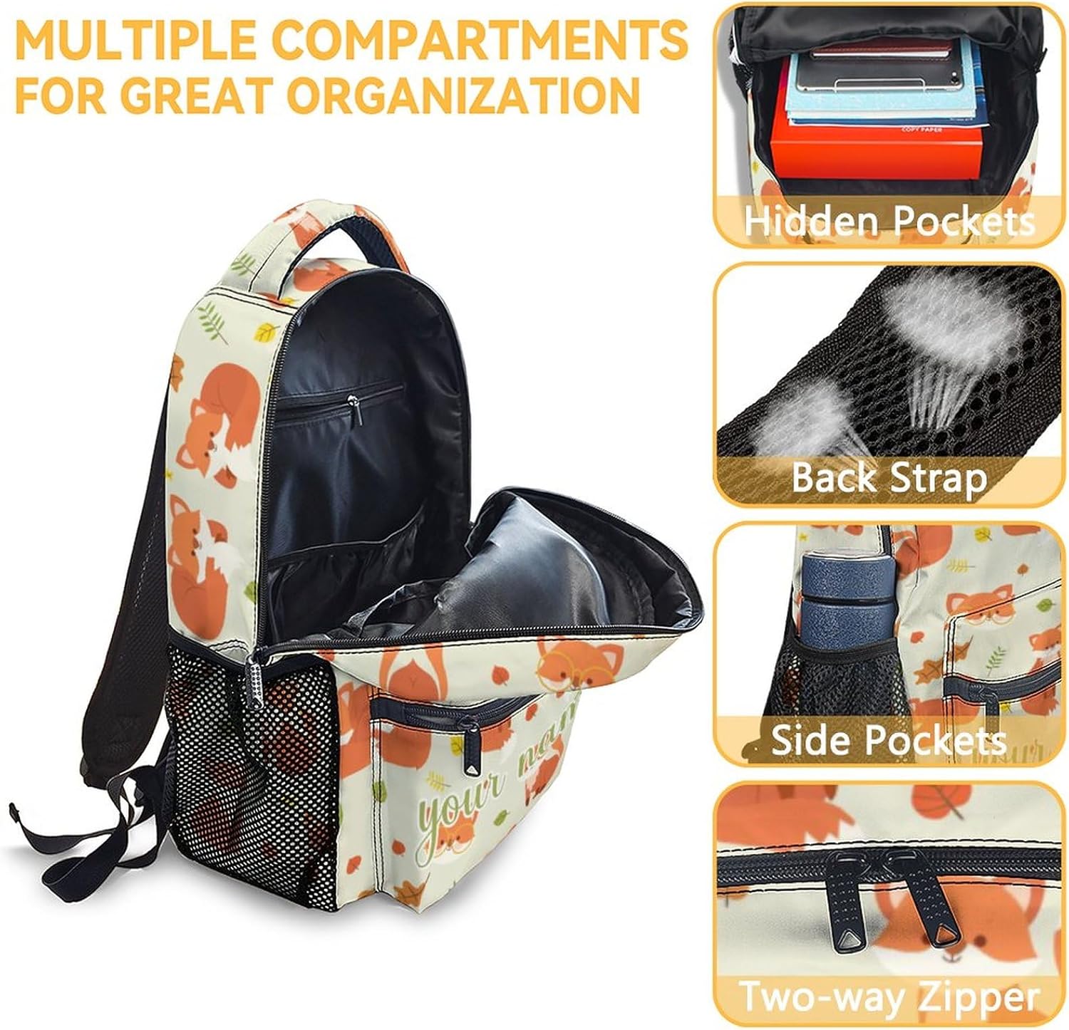 Custom Fox Backpack for Girls Boys, 16 Inch Orange Backpacks for School, Cute Lightweight Durable Bookbag for Kids