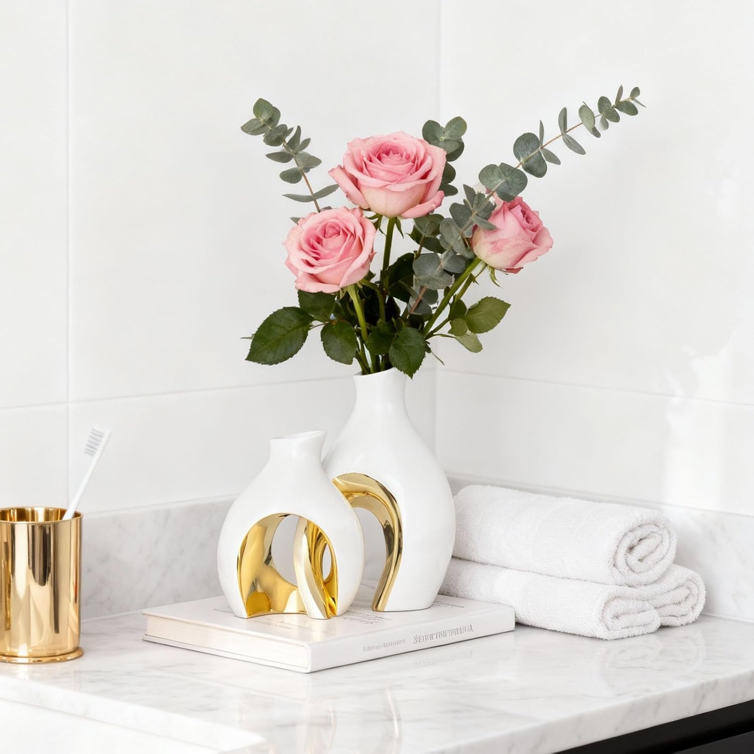 Hollow Ceramic Vase Set of 2,Nordic Modern Boho Decorative Ceramic Aesthetic Flower Vase for Home Decor,Minimalist Centerpiece Table Decorations,Wedding,Living Room,Bookshelf,Entryway (White Gold)