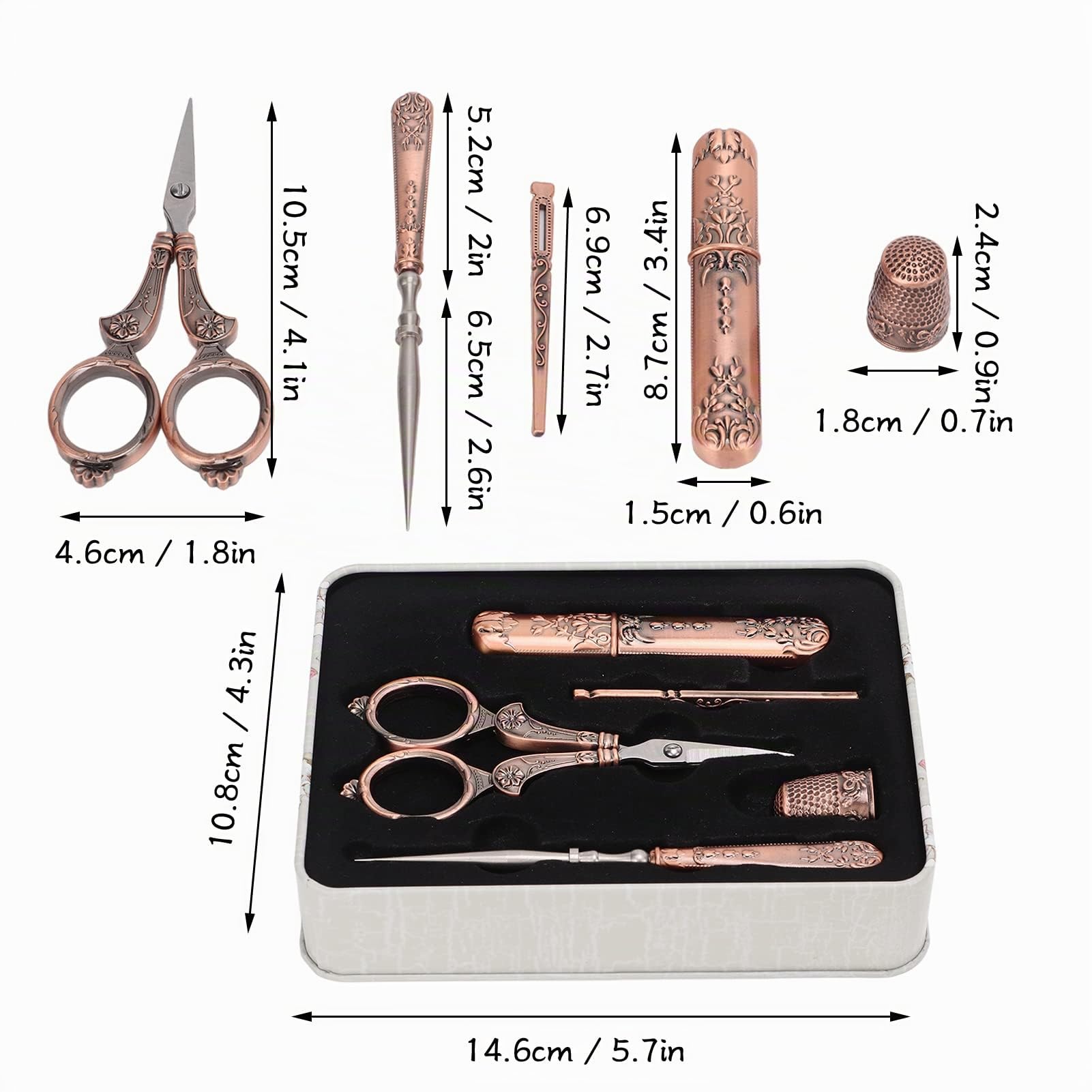 FOUF 5-teiliges Stickscheren-Set, Europäisches Antikes Vintage-Nähset, Komplettes Vintage-Nähwerkzeug mit Stickschere, Originaletui, Nähnadeletui, Ahle Zum Nähen, Basteln, Handarbeiten