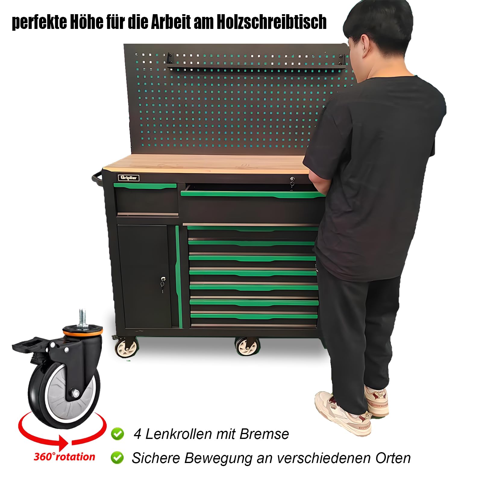 Professioneller Werkstattwagen mit Werkzeug 348 Teile. Holzarbeitsplatte, 13 Schubladen, Werkzeugbrett (Pegboard), Schwarz-Grün, Rollbar
