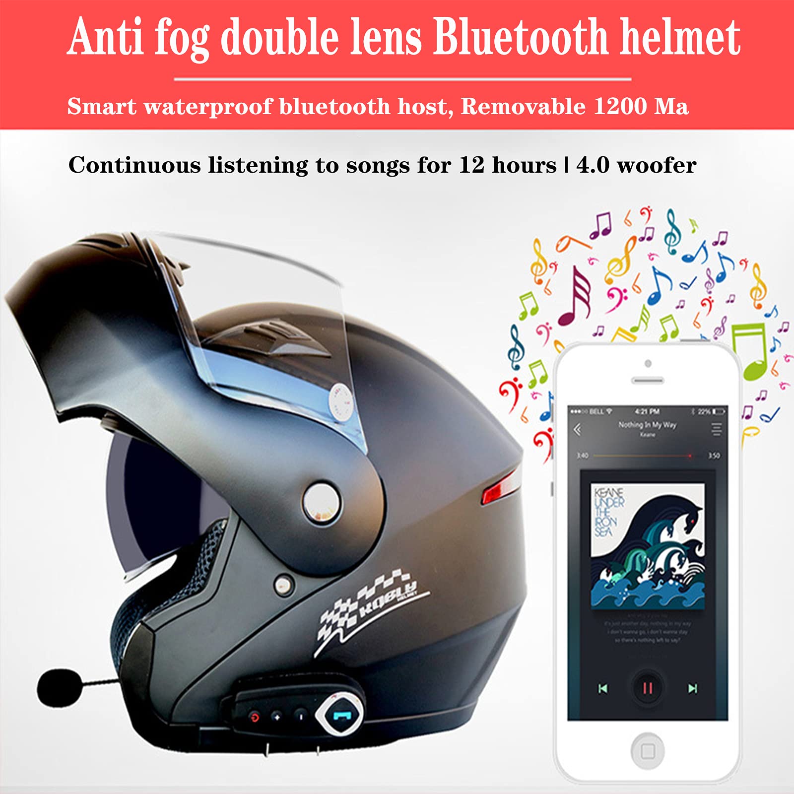 Motorrad Integrierter Bluetooth-Helm, Klapphelm ECE-Geprüft, Sturzhelm Anti-Fog-Doppelspiegel, Eingebautes FM Radio Integriertes Intercom-Kommunikationssystem für Damen Herren ,D,L 59~60cm