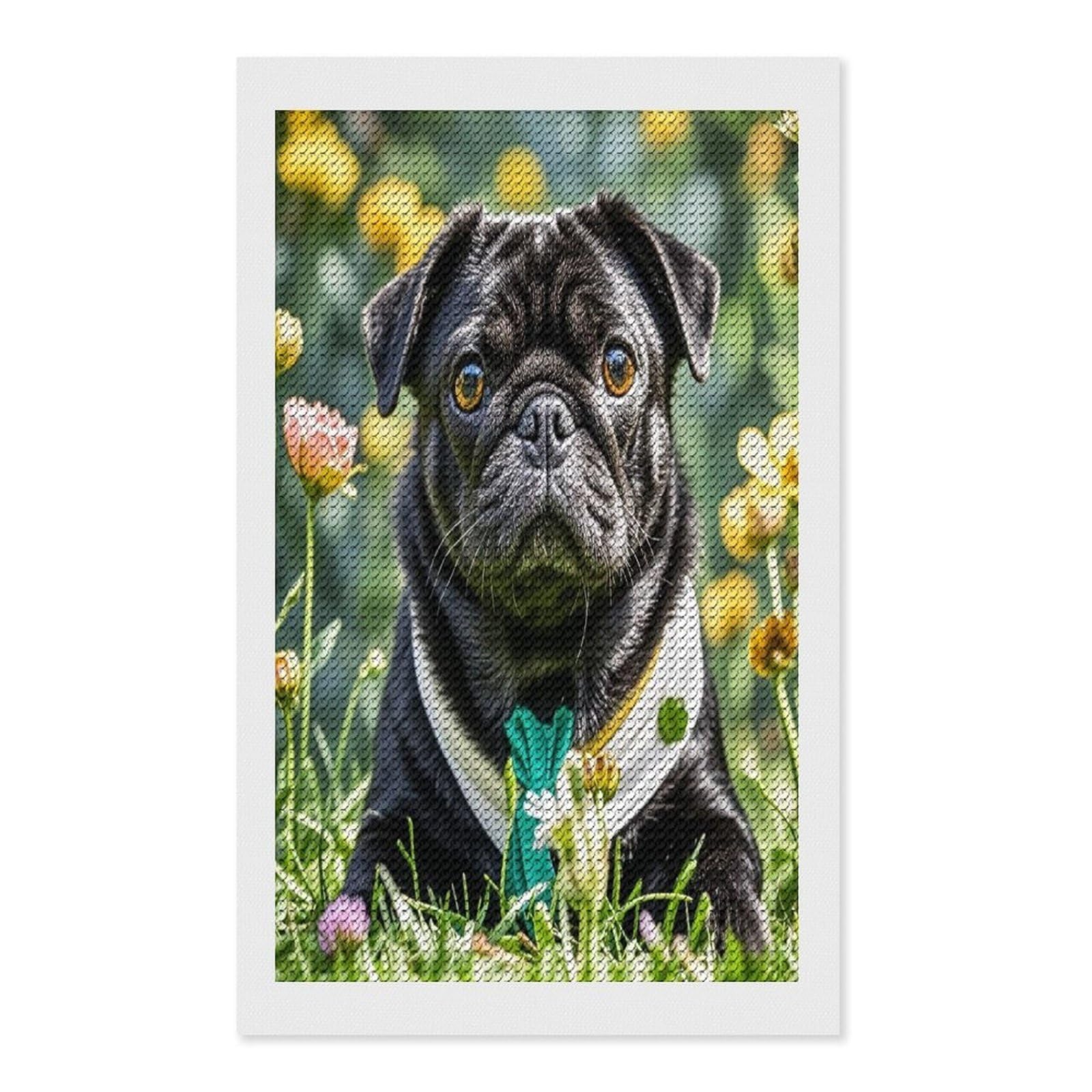 FekiLoot Cute Black Pug Dog Diamond Painting Kits for Adults Full Round Drill Diamond Art Kits for Beginners 5D DIY Diamond Dots Paintings Diamonds Pictures Gem Art Home Wall Decor 12"x20"