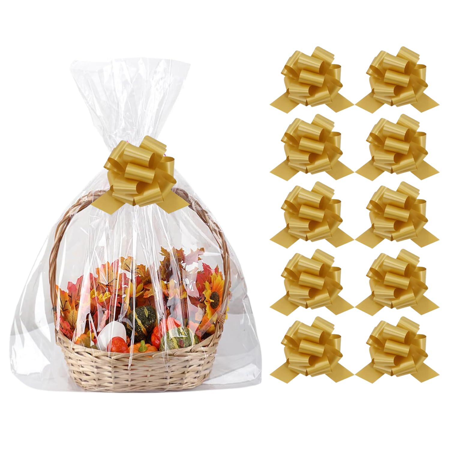 Amsthow 10CT Basket Wrapping Plastic Bags 22 x 32-inch Large Cellophane Wrap Clear Gift Bags with Bows for Easter Favors Holiday Decorations