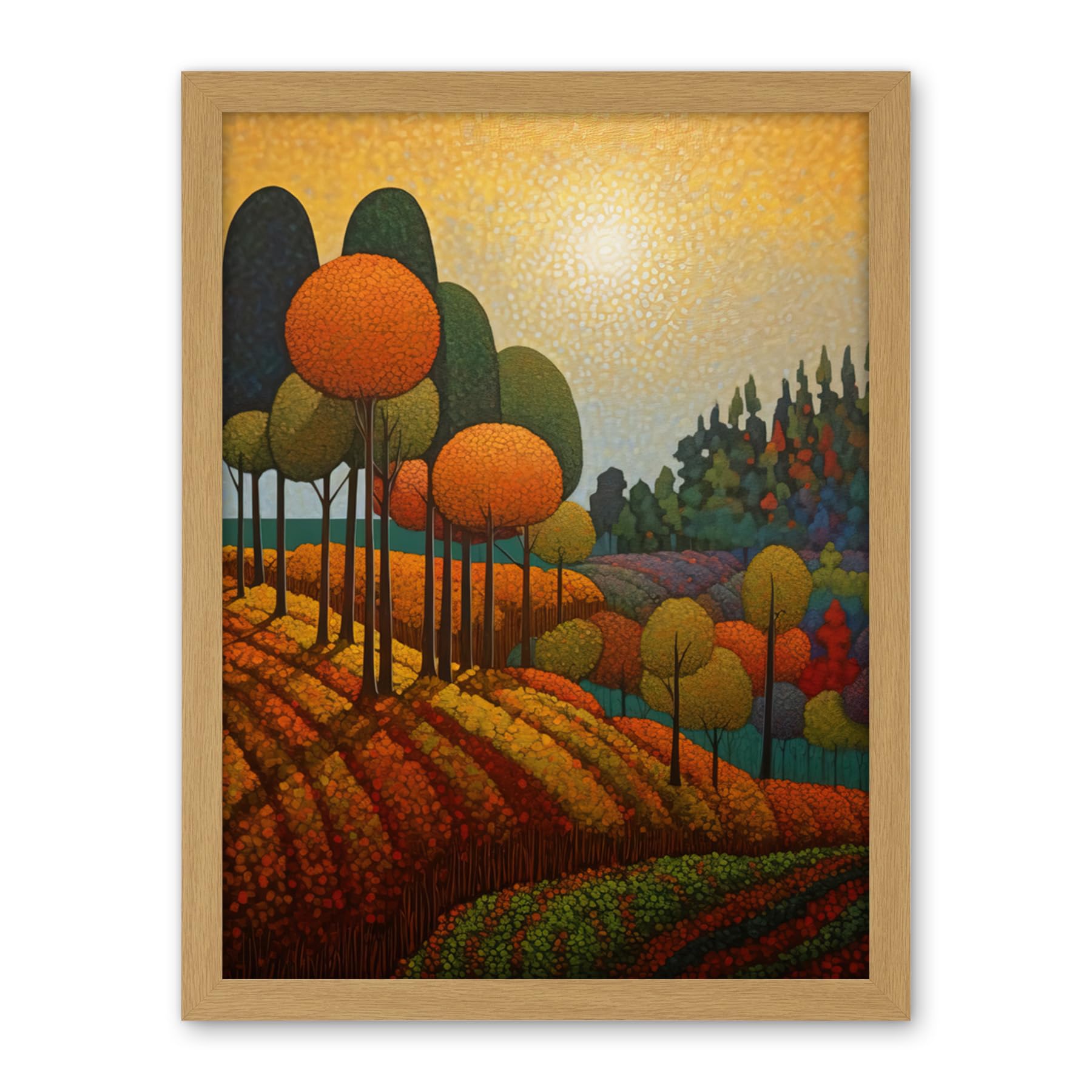 Artery8 Autumn Fields Pointillism Painting Amber Orange Green Countryside Landscape Artwork Framed Wall Art Print 18X24 Inch