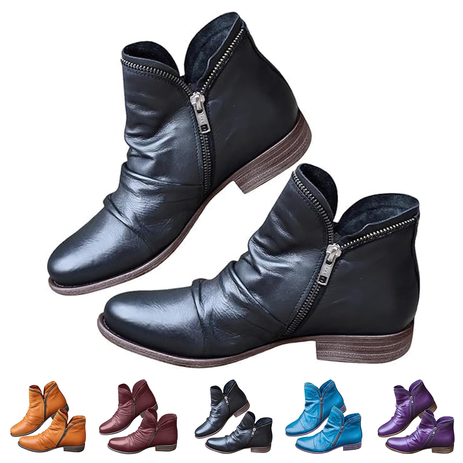 Womens Ankle Boots Classic Low Heeled Short Booties Fashion Round Toe Dress Booties with Side Zipper Vintage Leather
