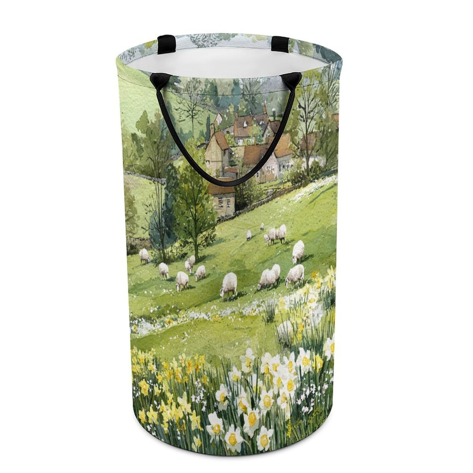 LUYYSKY Retro Classic Animals Alpaca Collapsible Dirty Clothes Basket, Modern Art Western Spring Farmhouse Daisies Flowers Sheep Portable Clothes Storage Basket