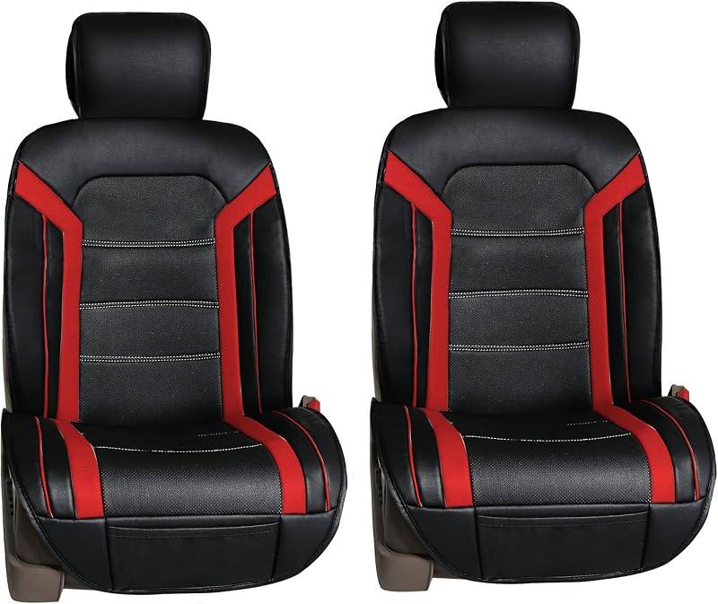 FH Group Front Set Faux Leather Car Seat Cushions - 2 Pack Seat Covers for Cars Trucks SUV, Waterproof, Universal Fit Seat Covers, Red/Black