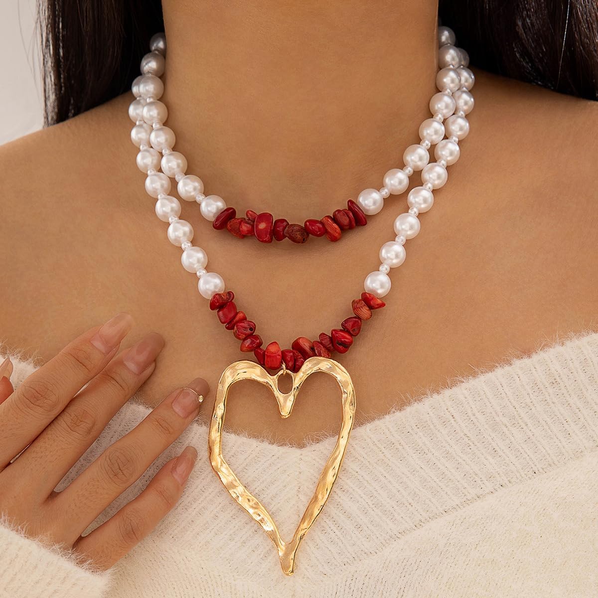 Chunky Large Heart Necklace Y2K Big Heart Pendant Necklaces Layered Thick Chain Pearl Choker Gold Statement Necklace for Women,Exaggerated Y2k Jewelry Costume Accessories - Image 2