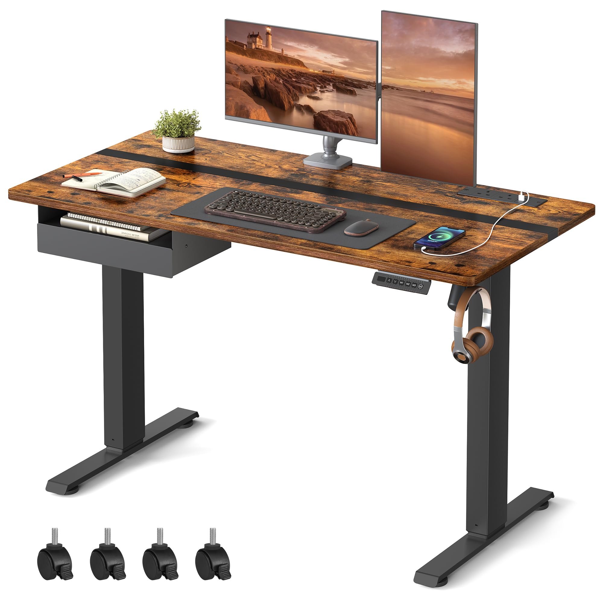 Height Adjustable Electric Standing Desk Rustic Brown and Black, 60D x 120W x 120W cm