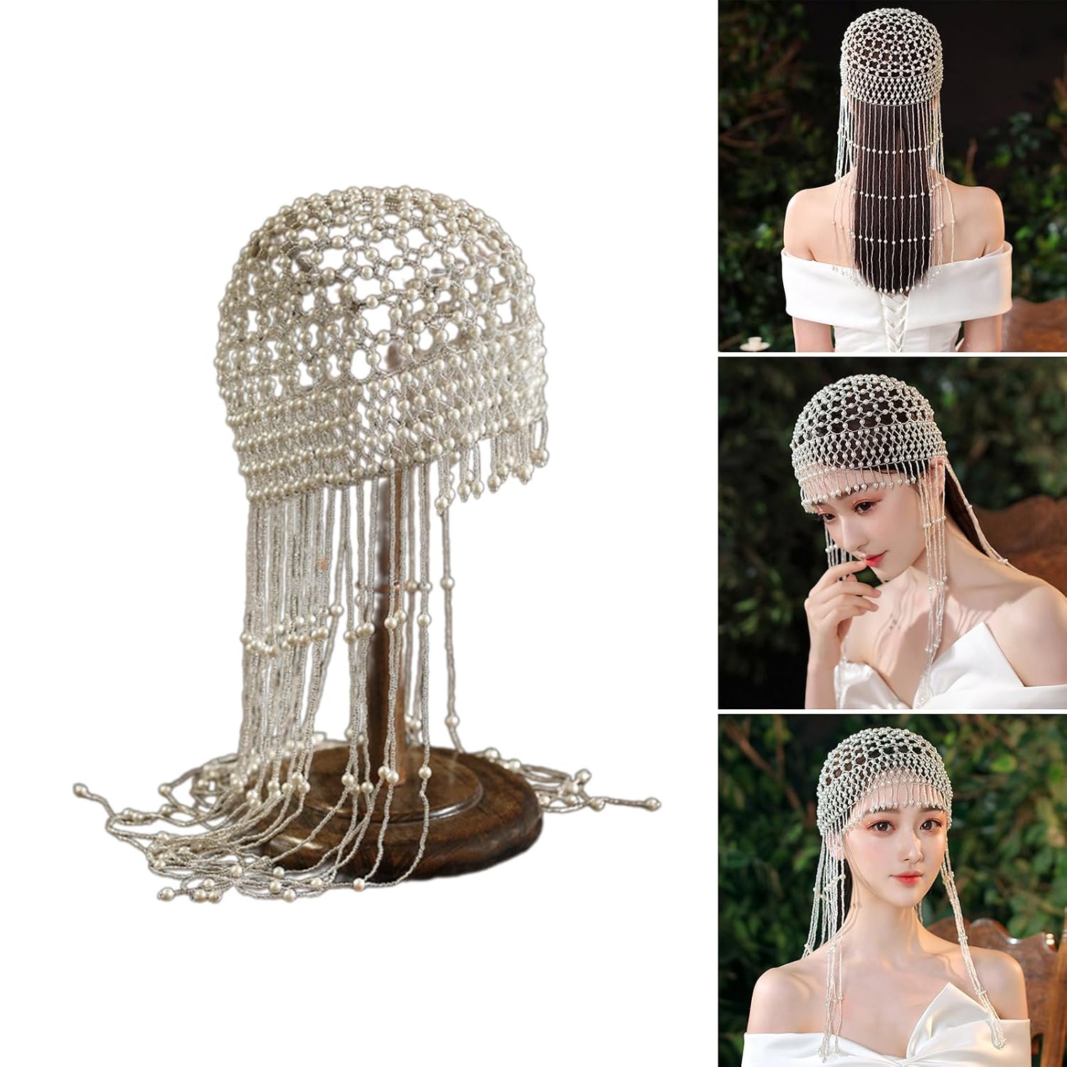 Beautiful Pearls Beaded Belly Dance Headwrap Adjustable Headwear with Tassels Head Hat Elegant Hair Accessory Delicate Headpiece for Stage