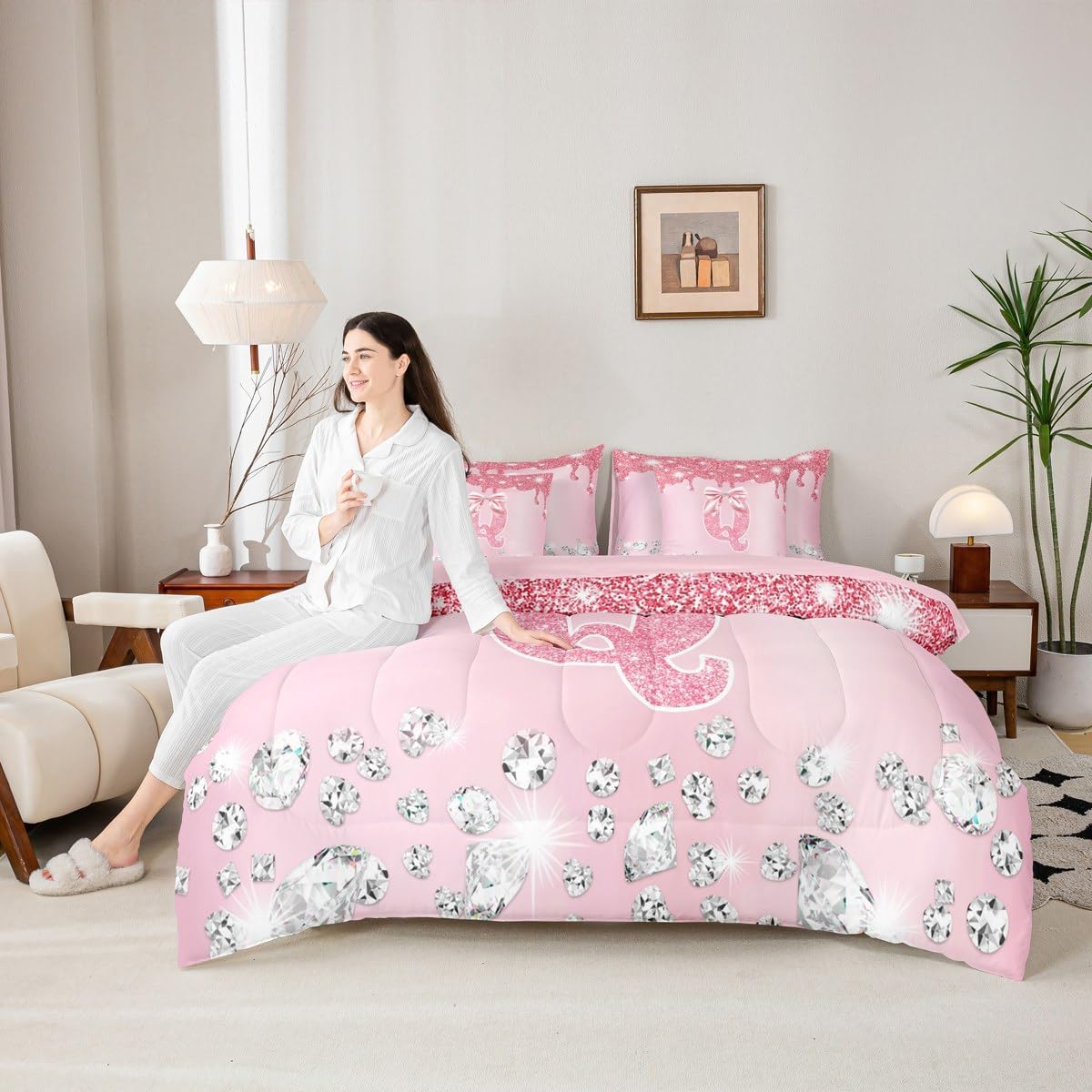 Erosebridal Cute Pink Bowknot Twin Bedding Set, Personalized Initial Q Bed in A Bag,Coquette Bow Comforter Sets with Sheets, Princess Monogrammed 7 Pieces Bed Set (NO Real Glitter Sequins)