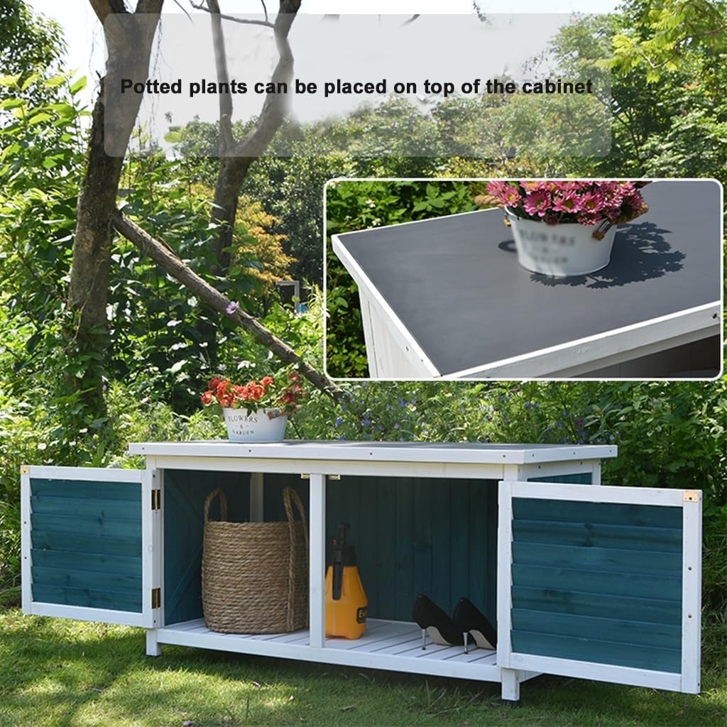 Outdoor Storage Cabinet with Double Doors Weatherproof Wooden Garden Utility Shed for Patio Yard Balcony Waterproof Solid Wood Construction Tool Storage Box(White)