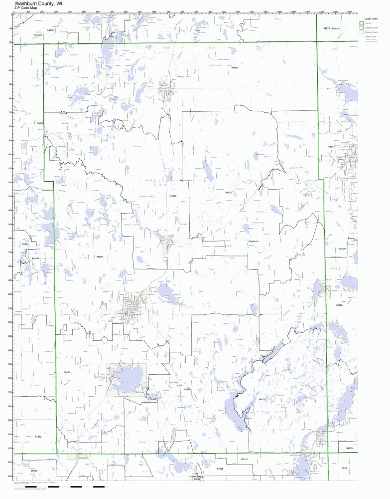 Washburn County, Wisconsin WI ZIP Code Map Not Laminated