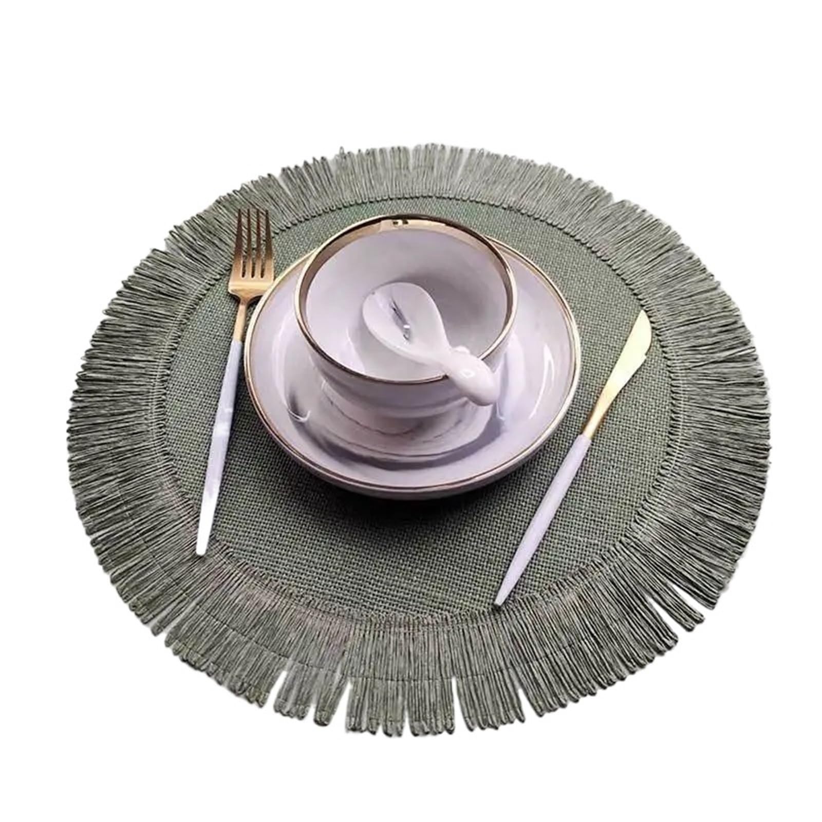 Woven Placemats Round Braided Placemats Fringe Paper Table Mats Hand Woven Non-slip Insulation Place Tea Cup Pad(Green,1 PCS_38CM)