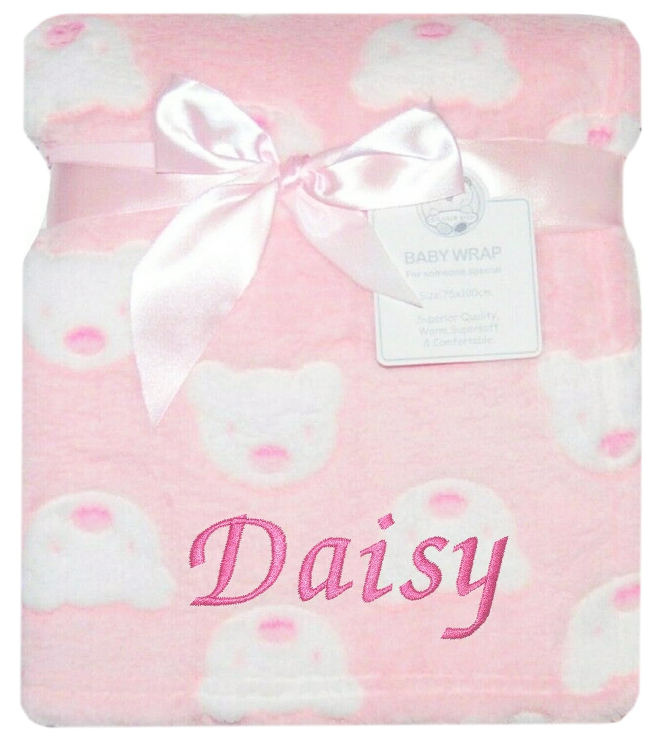 The Baby Box Uk Men's Pink Bear Face Baby Boy Girl Personalised Teddy Bear Blanket Embroidered Name (Pink Bear Face)