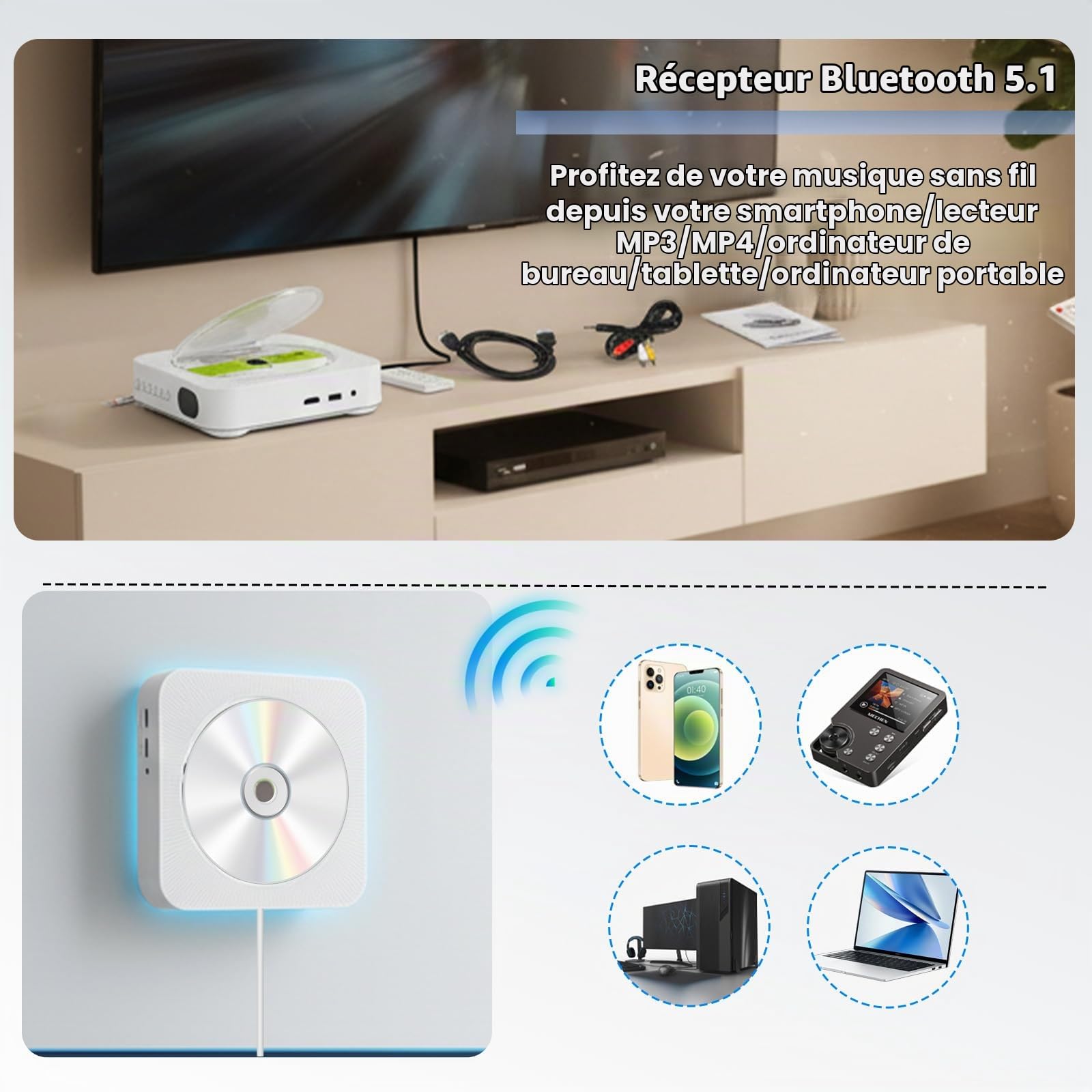 Lecteur DVD TV et Lecteur CD avec Bluetooth