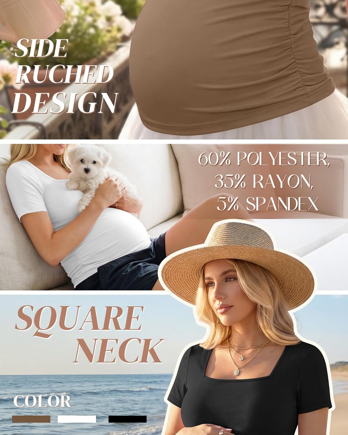 3 Pack Women's Maternity Shirts Square Neck Side Ruched Short Sleeve Maternity Tops Casual Knitted Pregnancy Tees - Image 2