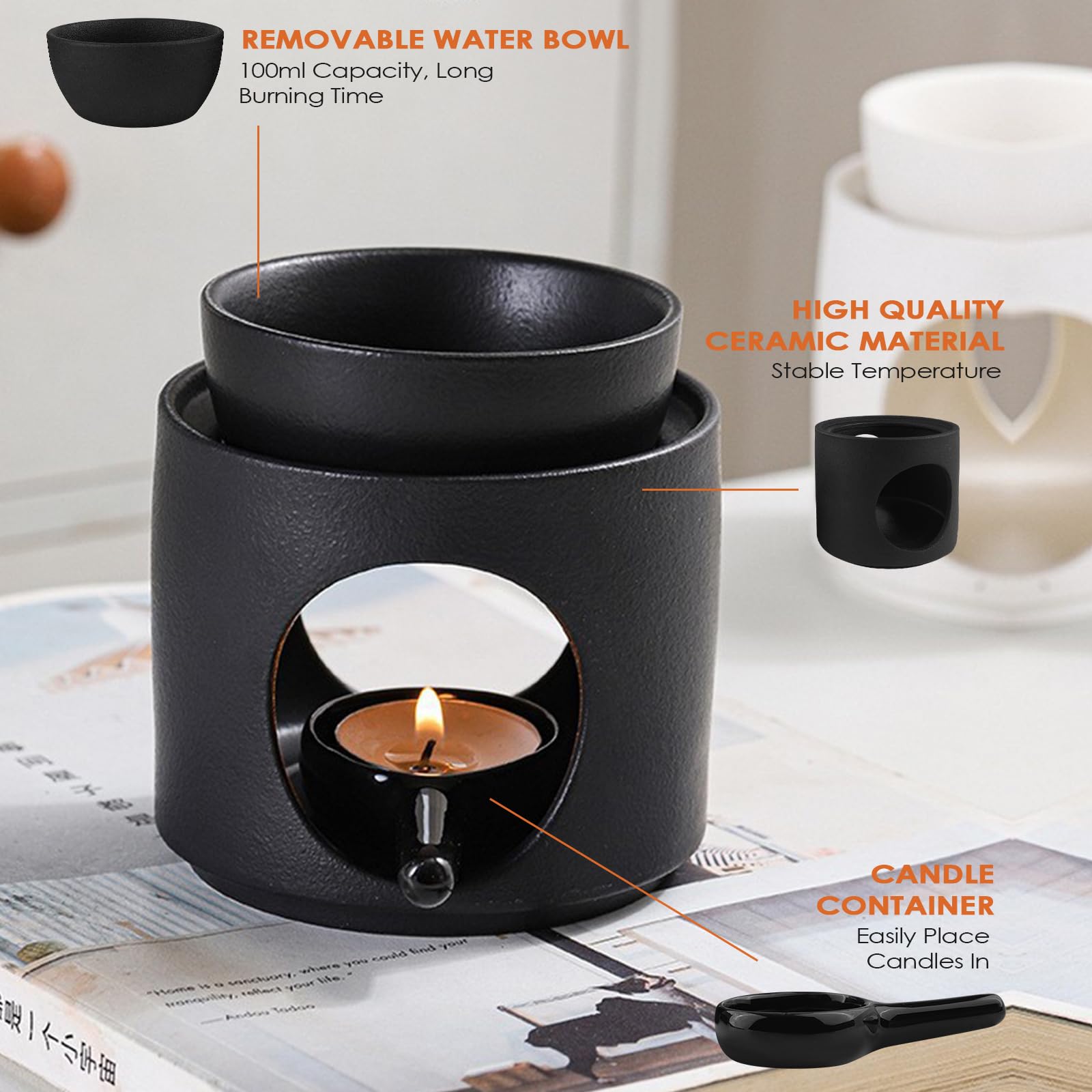 Beihaoer Bruciatore per oli essenziali, con cucchiaino per aromaterapia, diffusore di oli in ceramica, per candele e candele (nero