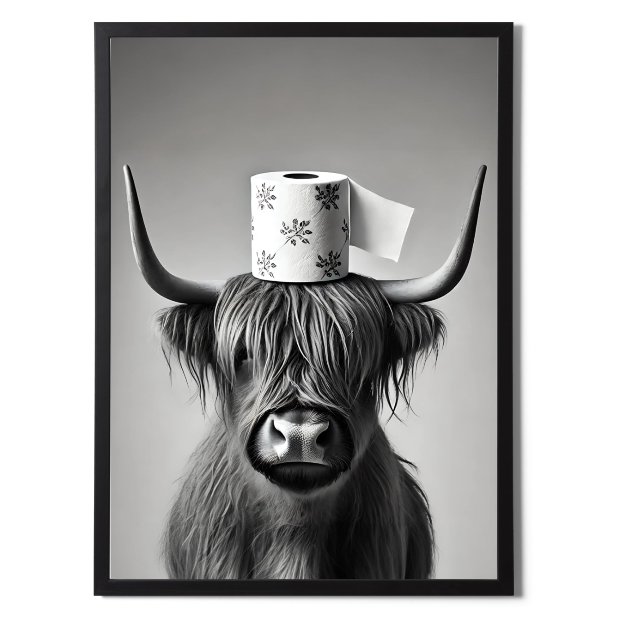 State Media Vision White Highland Cow With A Toilet Roll A3 Framed Poster - 34X46cm Size Frame - Bathroom Wall Art