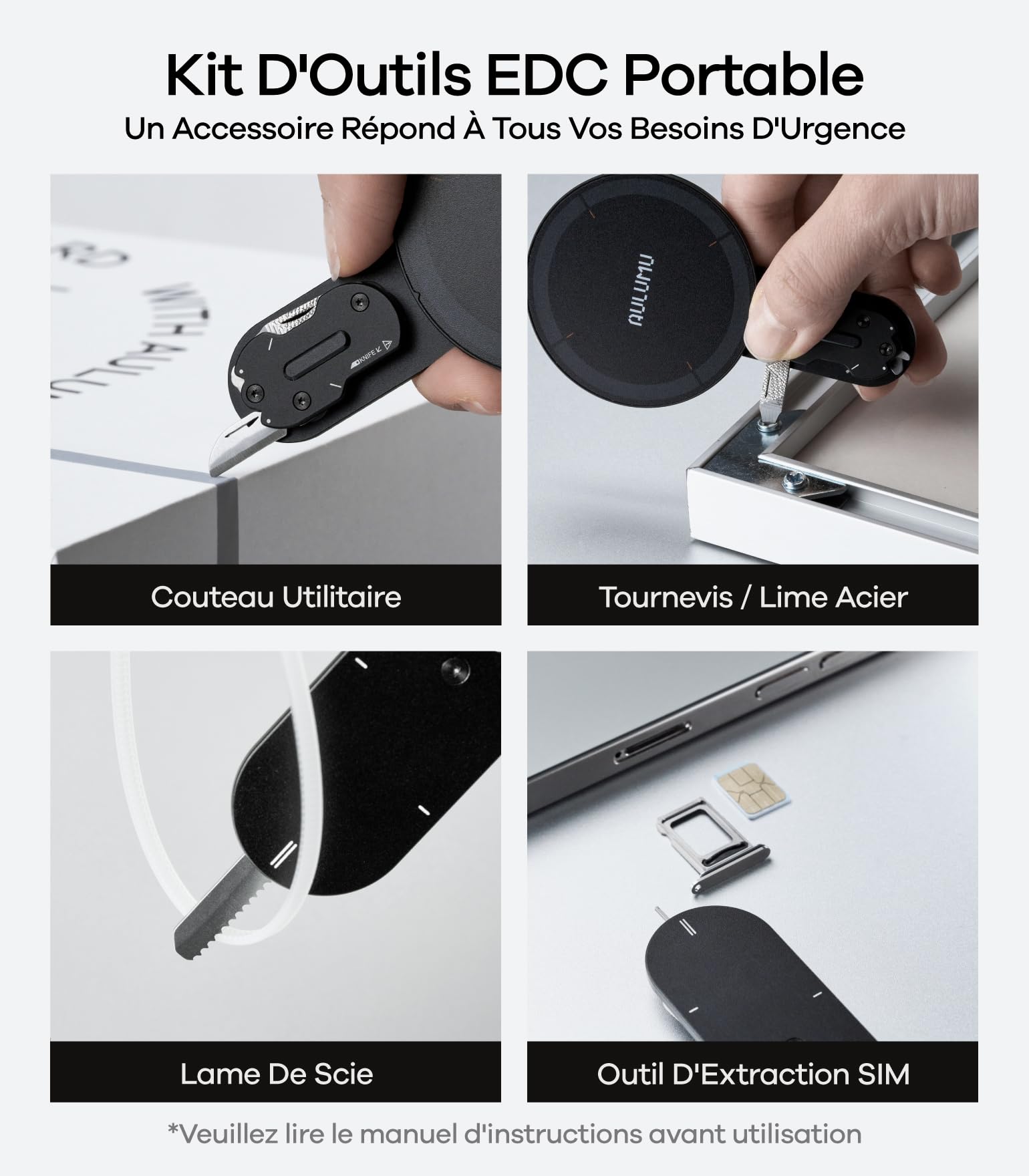 Aulumu G05 Pro Support Magnétique Multifonction Outil EDC | Réglage de l'angle de Rotation | Ultra Léger & Ultra Fin | avec Tournevis/Lime Acier/Lame de Scie/Pince Éjecteur SIM/Cutter – Noir