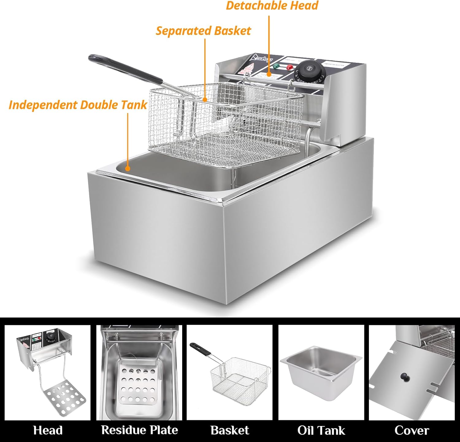 10QT Electric Deep Fryer w/Basket & Lid, Stainless Steel Countertop Oil Fryer with Temperature Control, Commercial Kitchen Frying Machine for French Chicken Fries Donuts 2500W