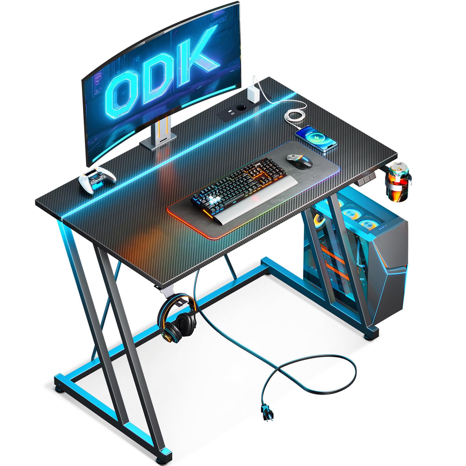 ODK Mesa Gaming, Escritorio Gaming con Luces LED y Toma de Corriente, Mesa Gamer con Soporte para Taza y Gancho para Auriculares, Diseño Doble Z Mesa Escritorio Ordenador Fibra de Carbono Negro 80 cm