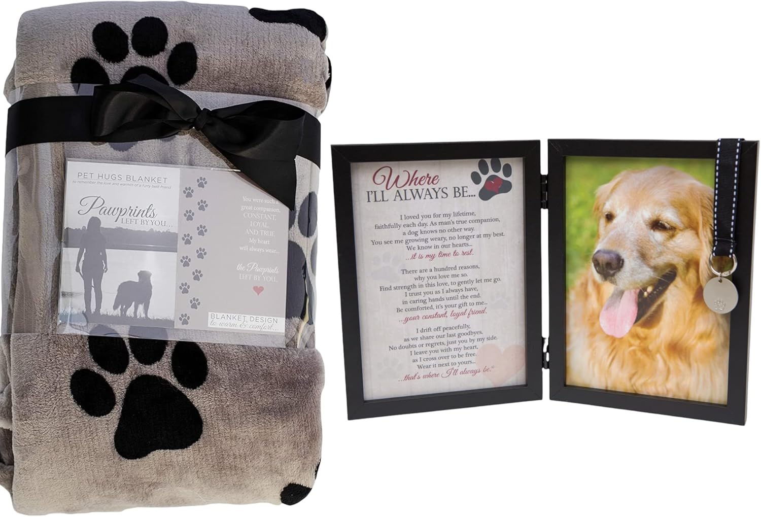 Dog Memorial Gift Bundle- Where I'll Always Be Dog Sympathy Gift Frame & Pawprints Left by You Pet Memorial Blanket