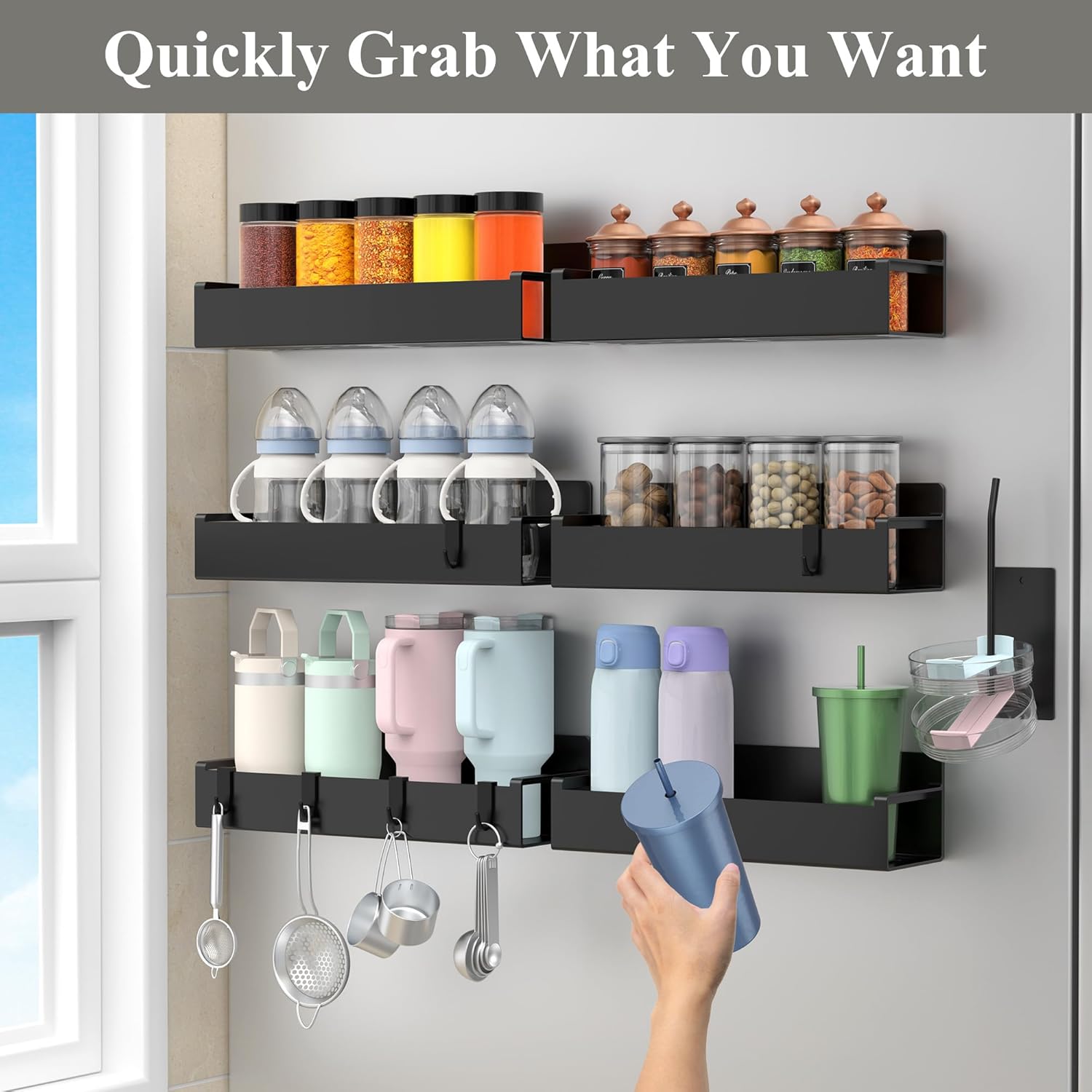 Magnetic Water Bottle Holder for Refrigerator, Cup Holder Organizer for Stanley and Tumbler for Kitchen, 6 Pack, Black - Image 4