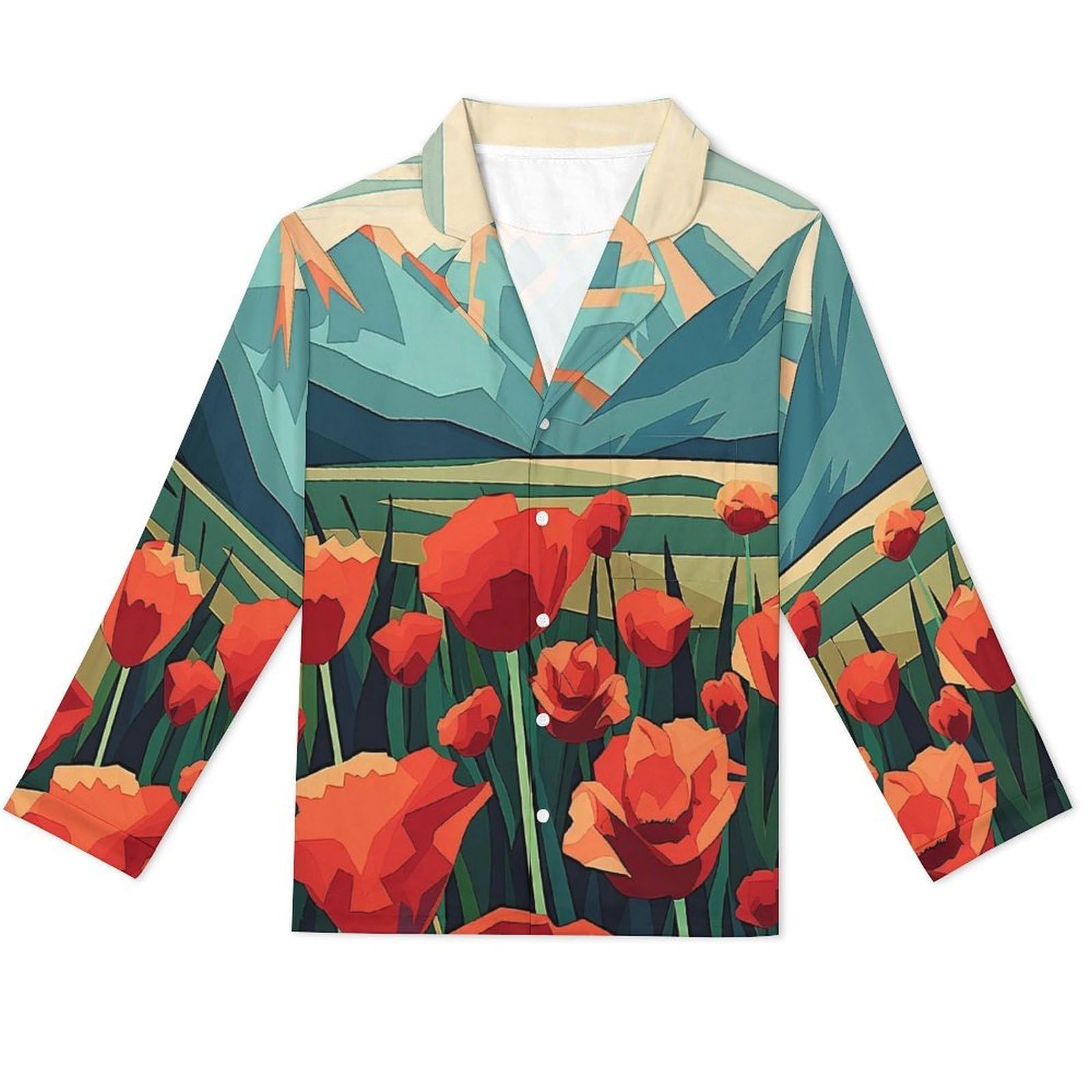 OLEETS Completo Pigiama da Uomo - Fiori Rossi Pigiama Invernale Pantaloni Top Caldo Autunnale Traspirante Morbido 2 Pezzi Casual Ampio