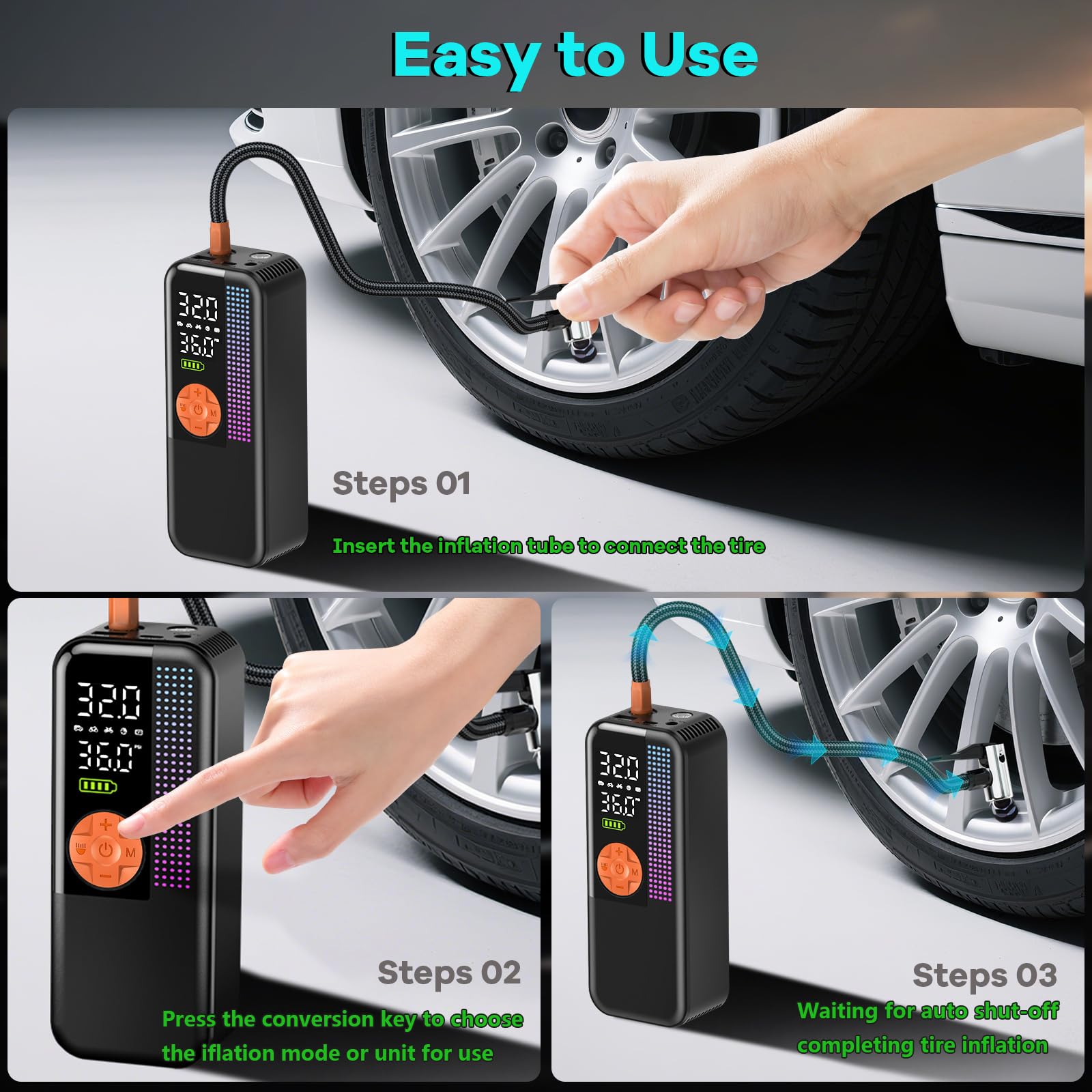 Portable Tire Inflator Air Compressor 150 PSI Cordless Air Pump 6000mAh Battery 12V Car Outlet Digital Pressure Gauge — view 7