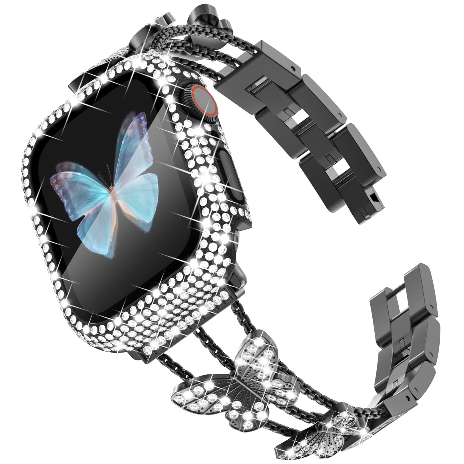 WINGLE Bling Band and Case for Apple Watch Band 41mm Women Series 9 8 7, Butterfly Diamond Metal Band Rhinestone Crystal Bracelet Dressy Chain with Sparkle Screen Protector Case, 41 mm Black