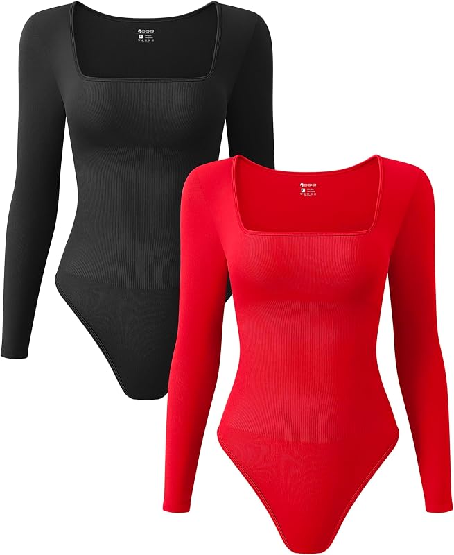 OQQ Women's 2 Piece Bodysuits Sexy Ribbed One Piece Square Neck Long Sleeve Tops