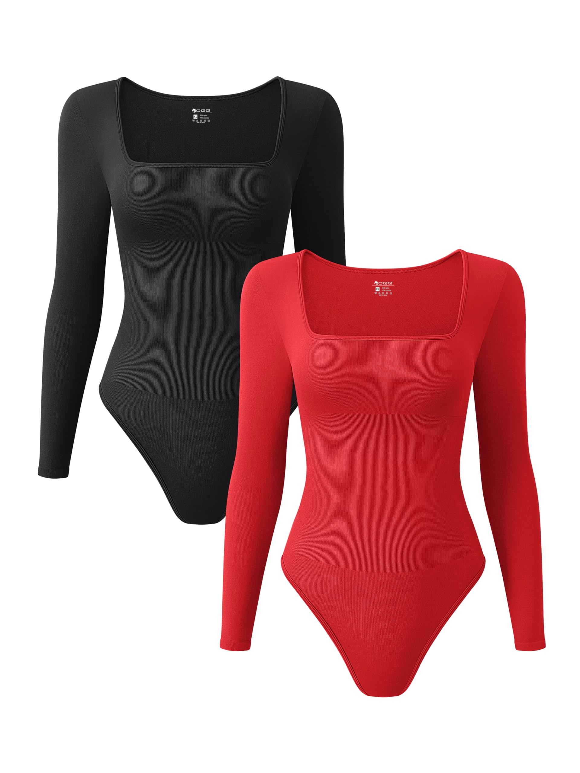 OQQ Women's 2 Piece Bodysuits Sexy Ribbed One Piece Square Neck Long Sleeve Tops