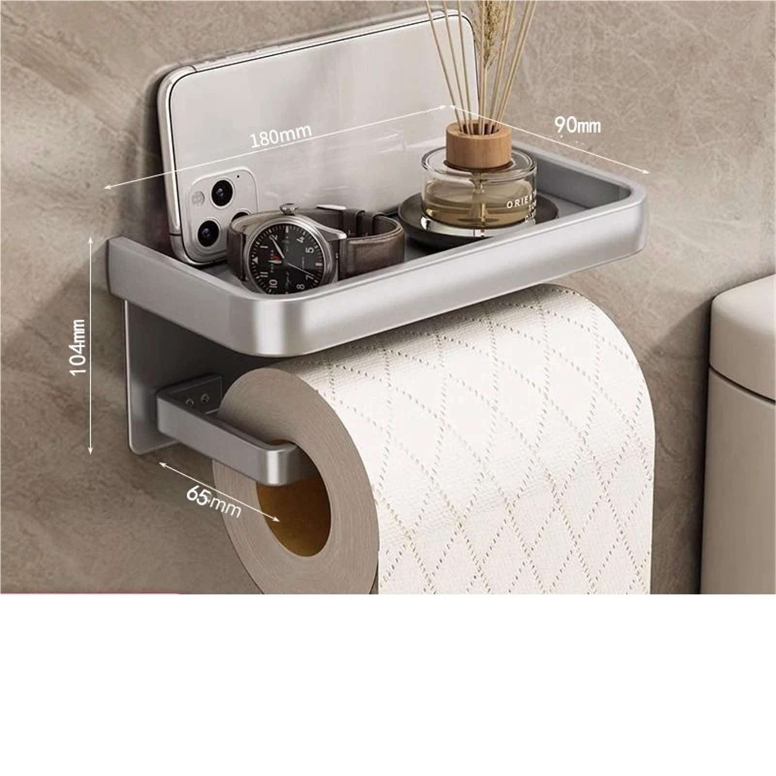 Portarotolo WC adesivo con mensola Porta carta igienica senza foratura | Ripiano portaoggetti for dispenser di fazzoletti for carta in rotolo for bagno(JS A silvery rack)