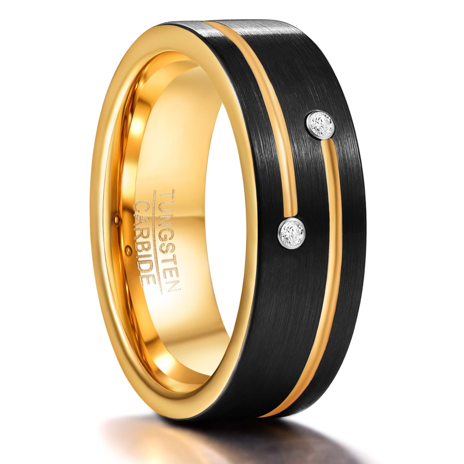 VakkiBlack Gold Wedding Ring 8mm Black Brushed Finish Gold Groove Wedding Bands with Cubic Zirconia Jewelry Gift for Anniversary Birthday Mother Comfort Fit Size 7-12