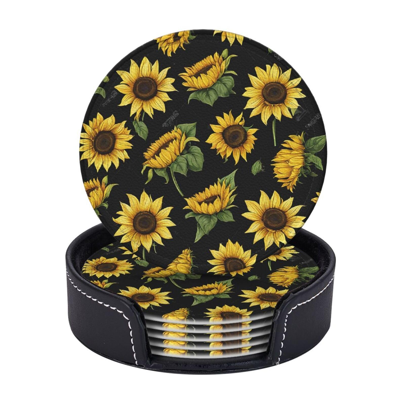 Coasters Set of 6 Microfiber PU leather Coasters with Holders for Drinks Coffee Bar Accessories, House Apartment Coffee Table Decor, Housewarming Gifts - Sunflower Blooming Flower Plants