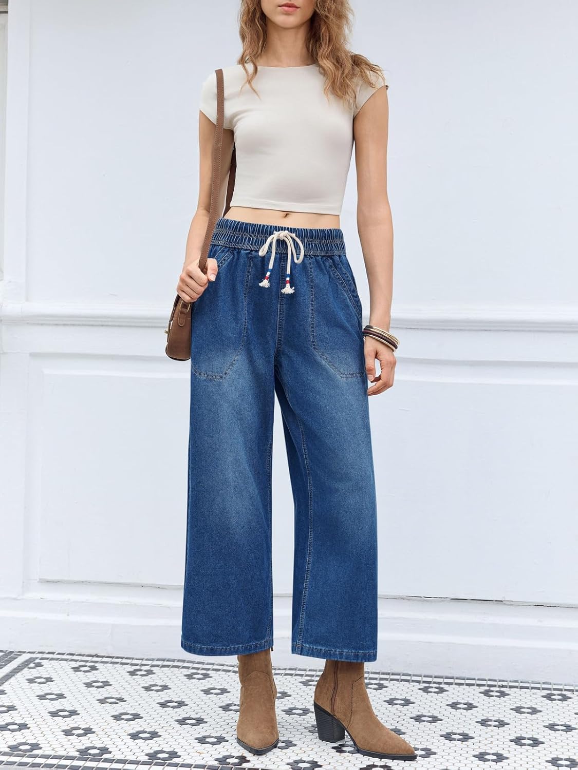 Cicy Bell Women's Wide Leg Jeans Casual Drawstring High Wasit Boyfriend Loose Baggy Capri Denim Pants with Pockets - Image 5
