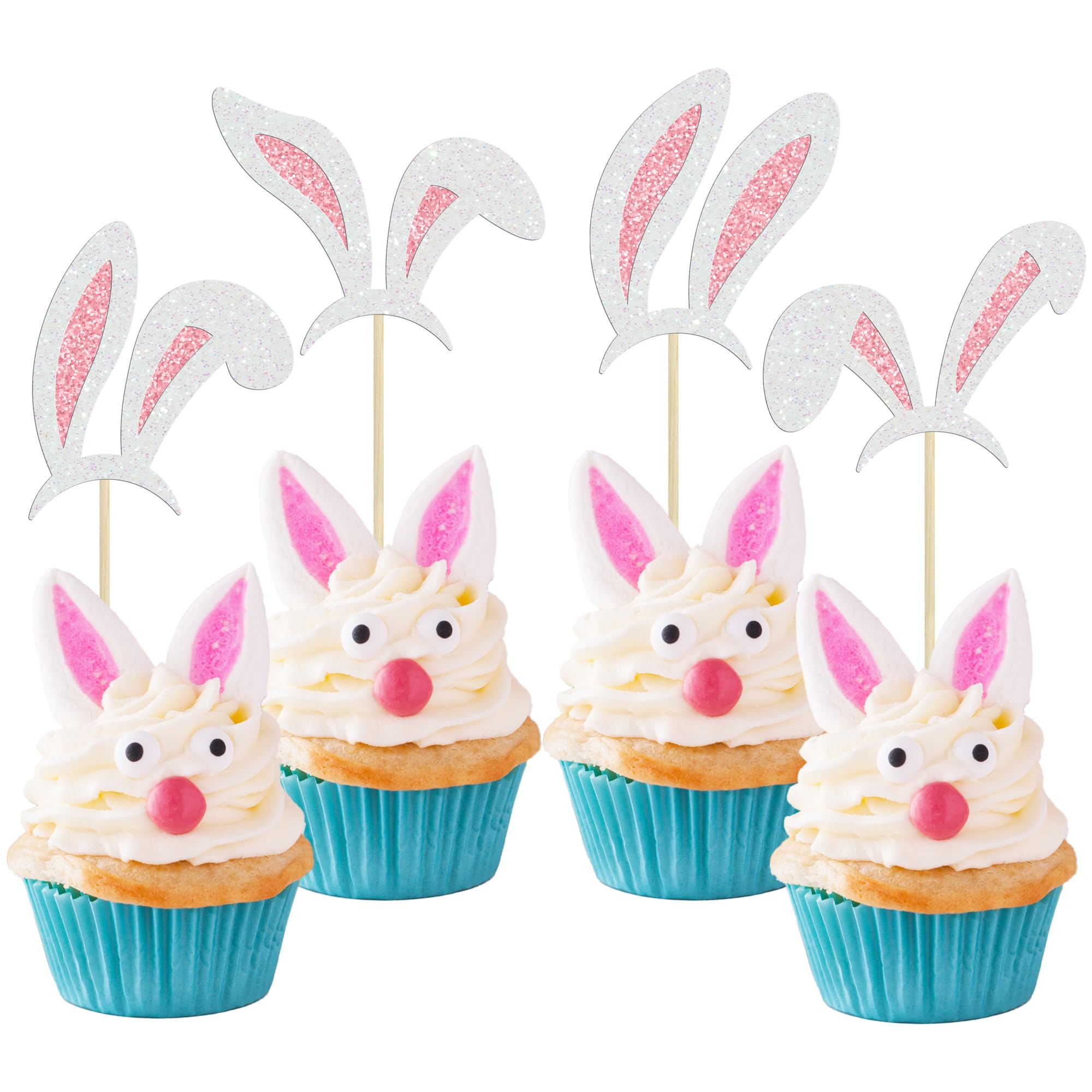 Ephlyn 24Pcs Easter Bunny Ear Cupcake Toppers Glitter Cute Happy Easter Cake Pick Decorations for Easter Spring Theme Baby Shower Kids Birthday Party Supplies — image 1