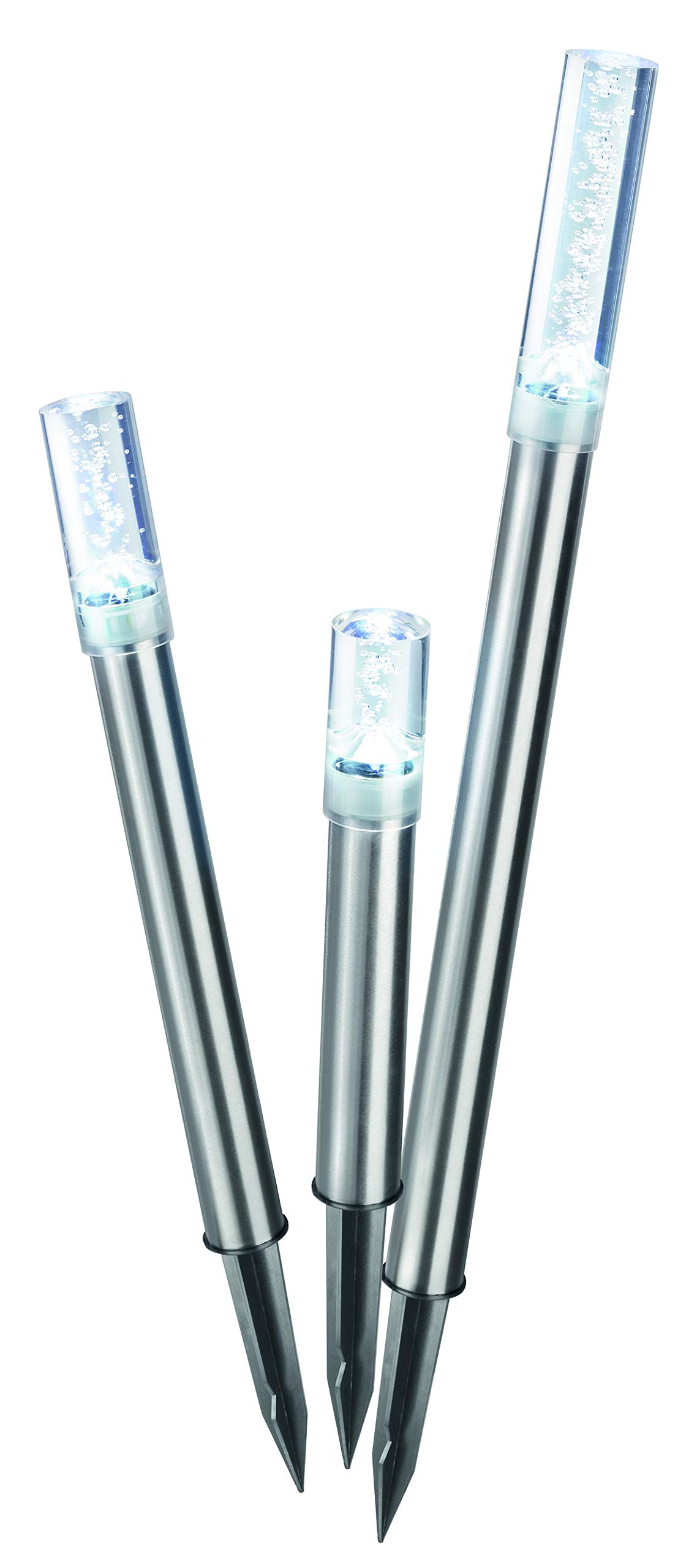 Esotec Solar LED Leuchtstäbe Trio Sticks, 3er Set, Luftblasen, Akku, Gartenstecker, Außenleuchte, Wegeleuchte, Gartenleuchte, Pfostenleuchte, kaltweiß, Edelstahl, Metall, IP44, outdoor, außen, 102600